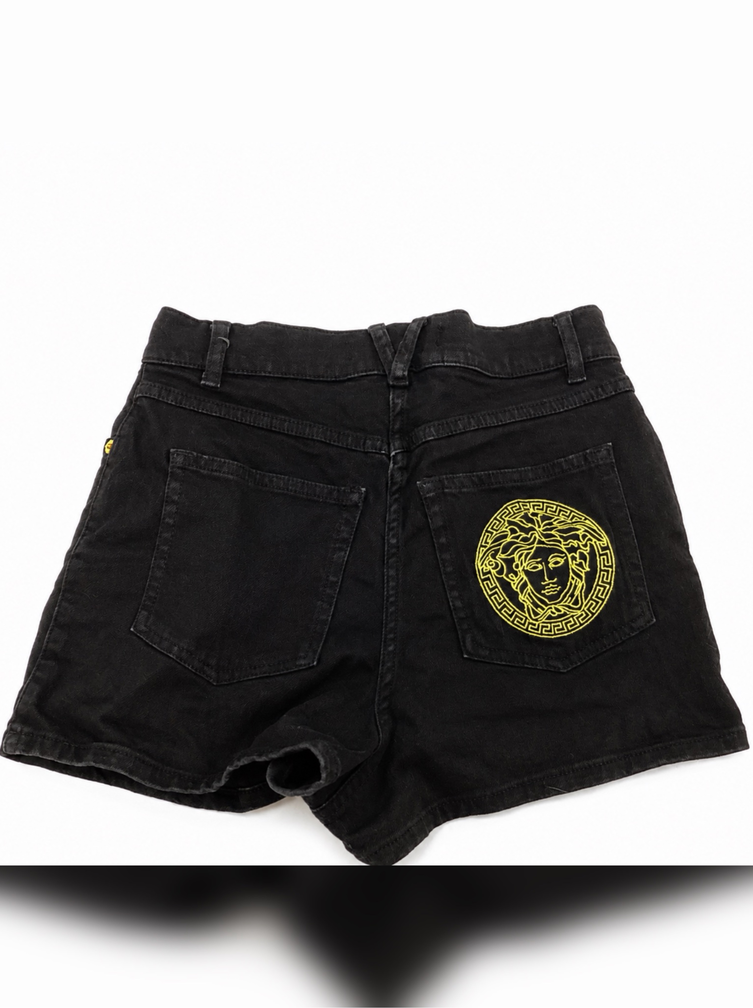 Versace Black Denim Shorts with Gold Medusa Logo