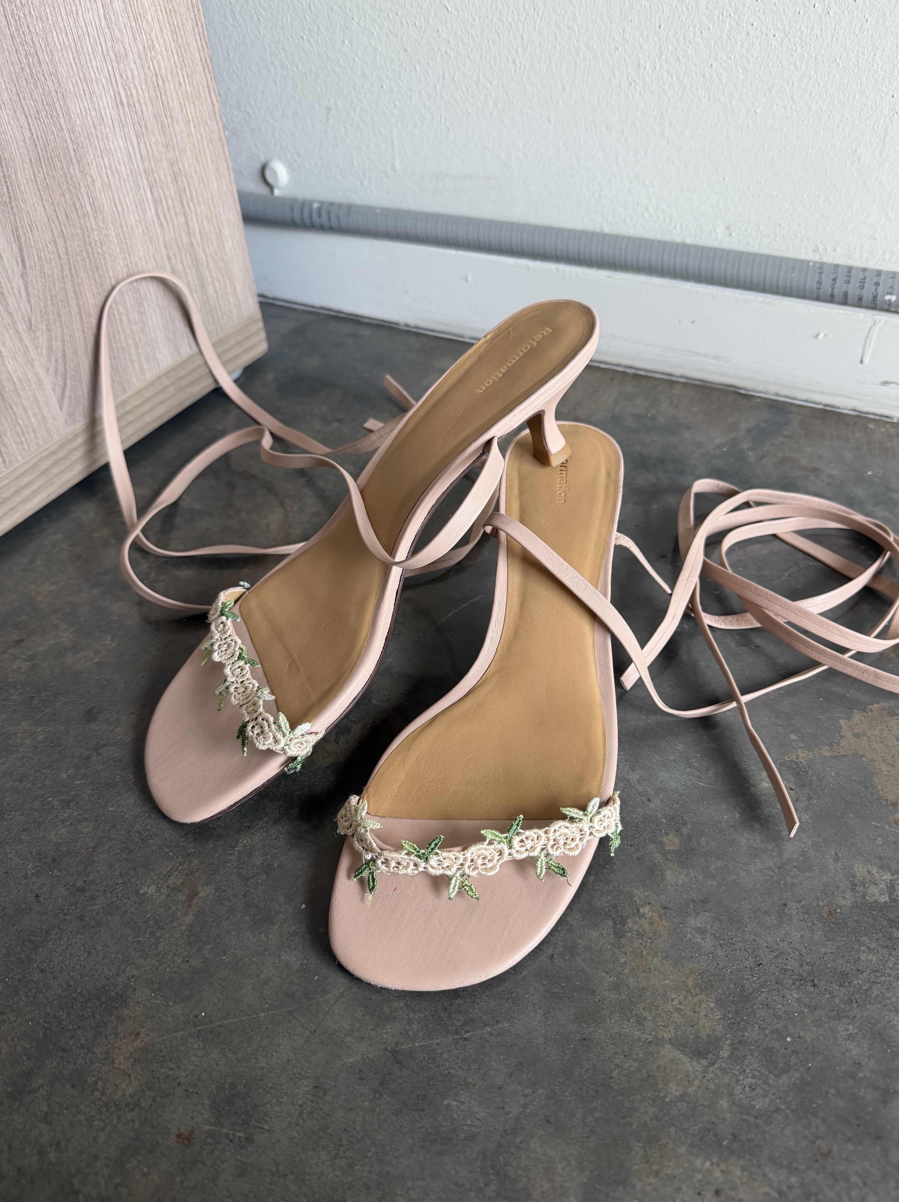 Reformation Rose Lace Up heeled sandals Floral Pink