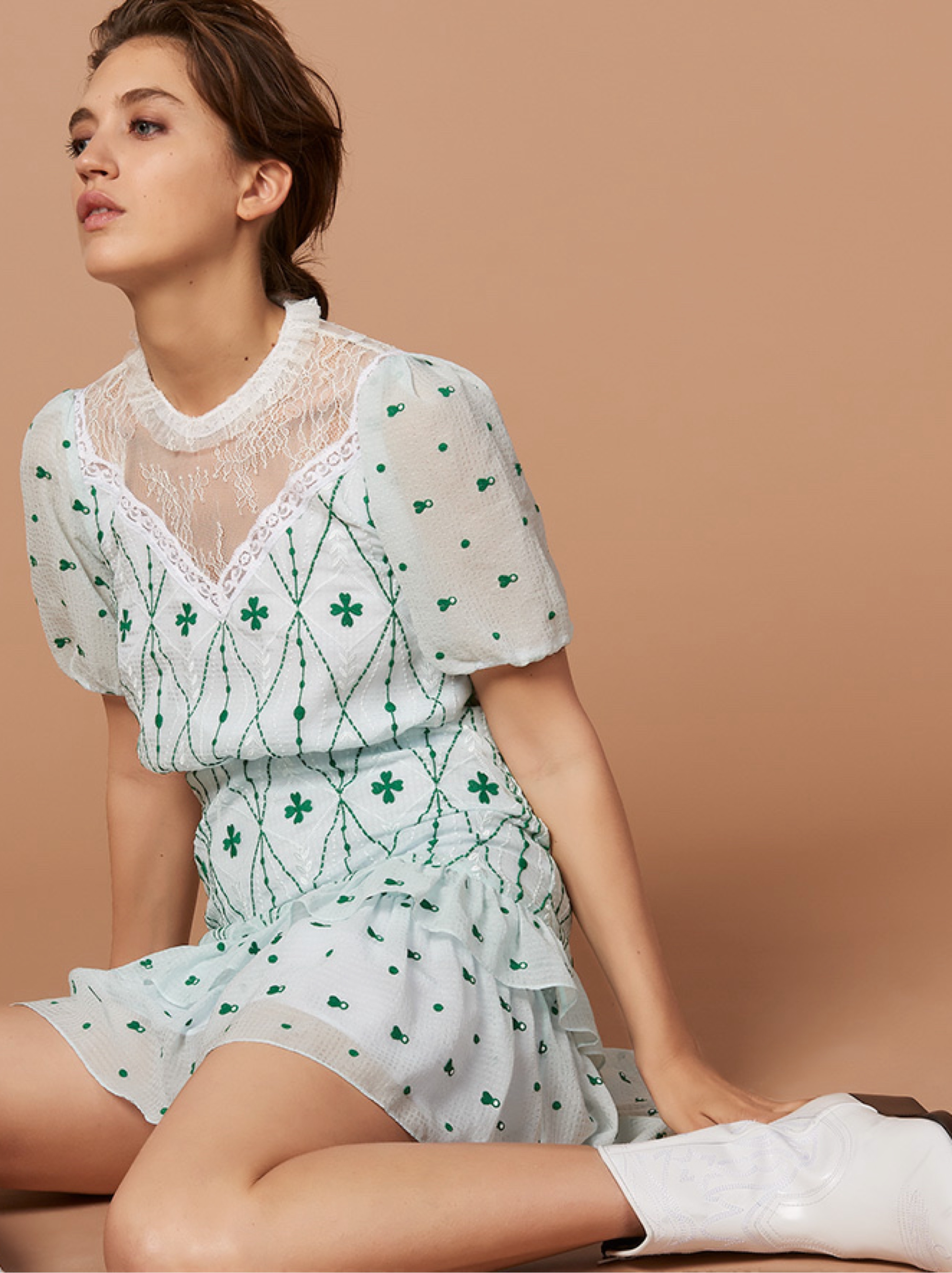 sandro green lace dress Lace mid-length dress