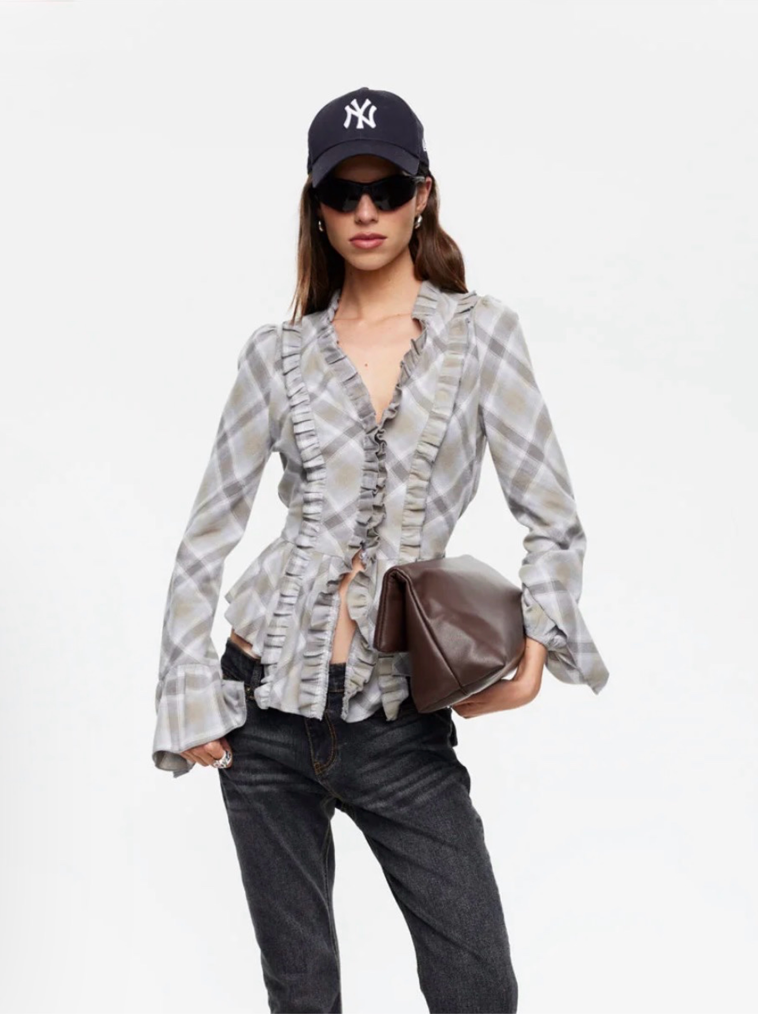 Lioness Odette Long Sleeve Ruffle Blouse Plaid