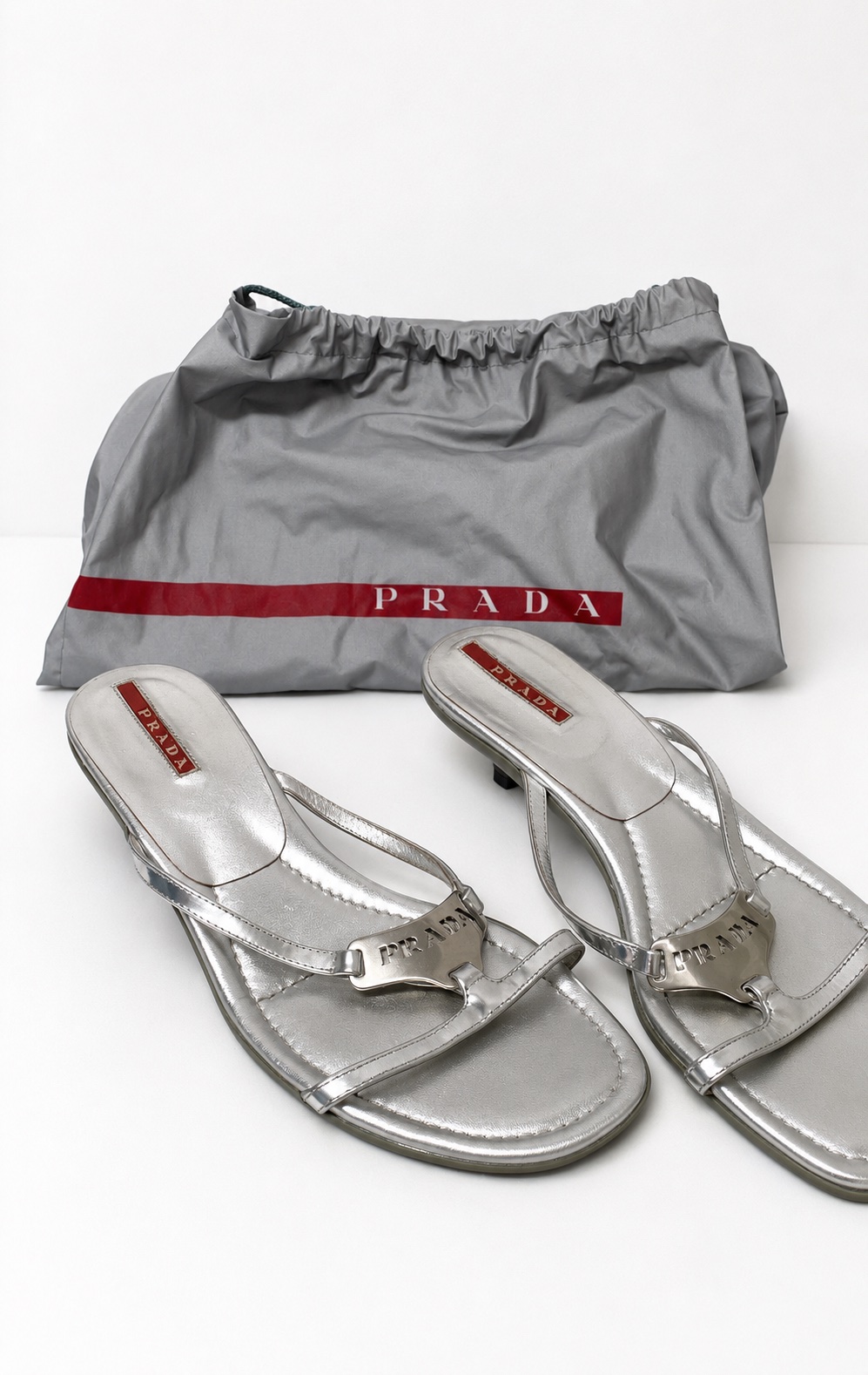 Vintage Y2K silver Prada logo heeled sandals by Prada - Pickle