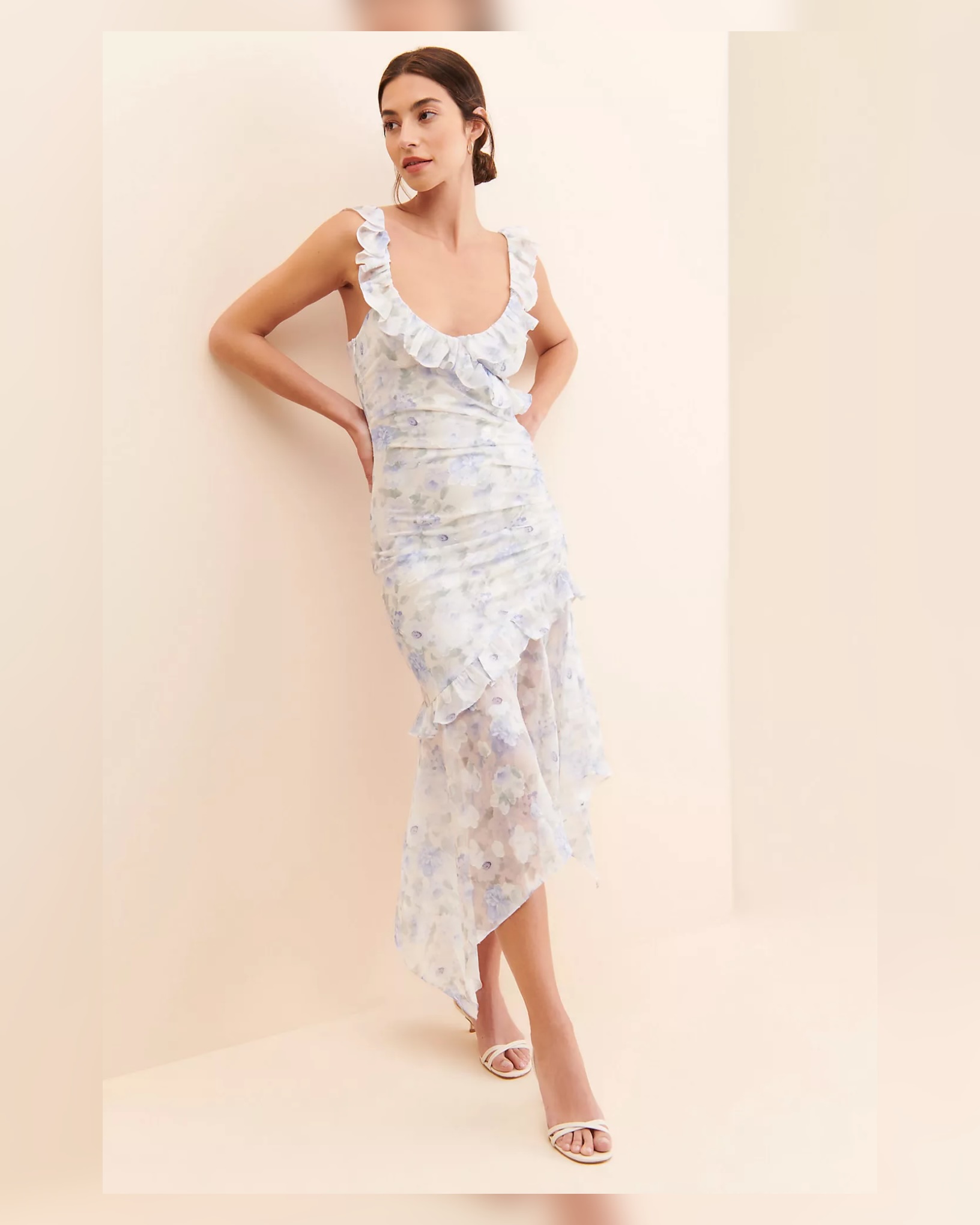 Elliatt Light Blue Asymmetric Floral Ruffle midi dress