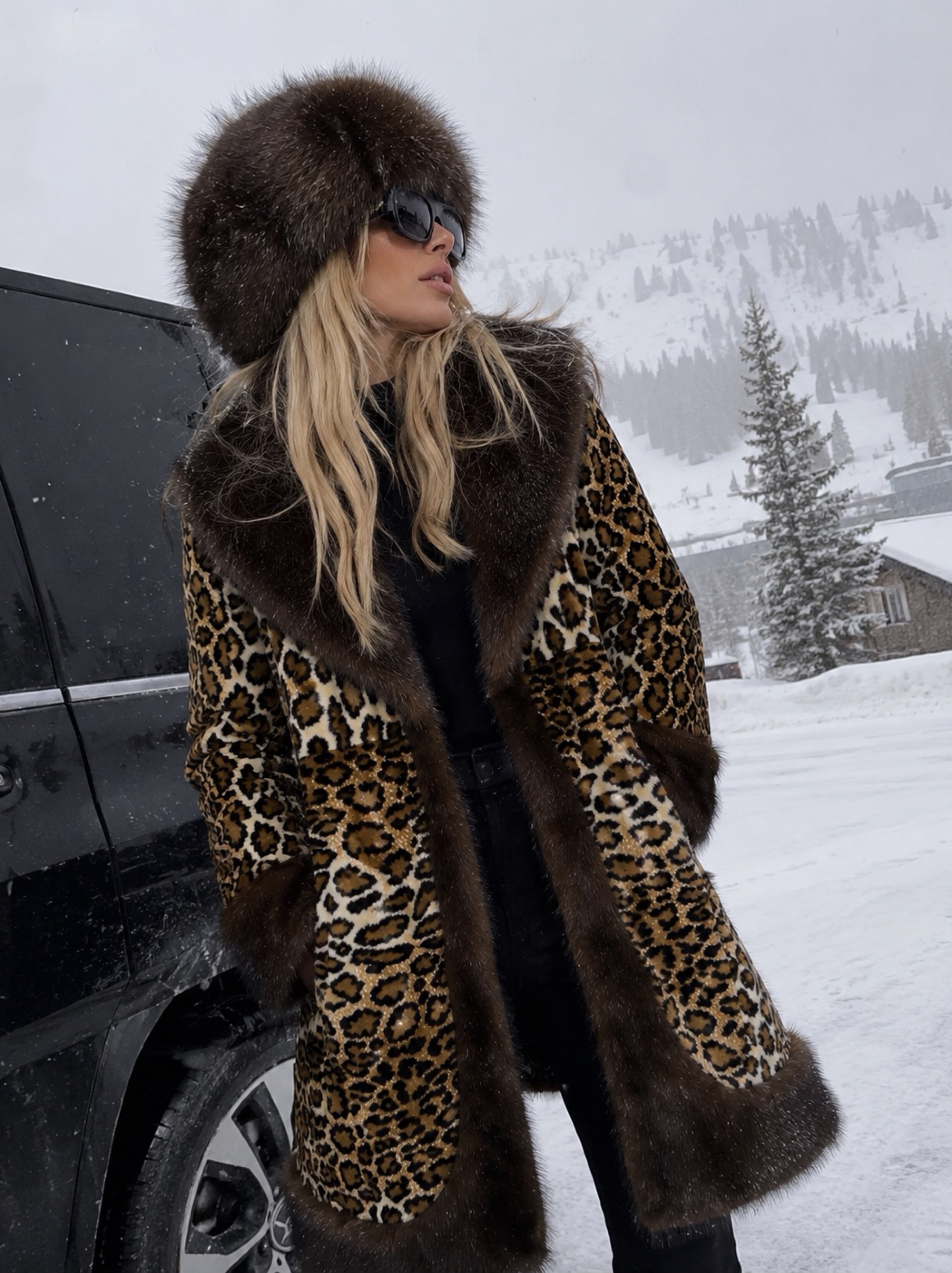 Vintage Faux Fur Leopard Coat Faux Mink Collar