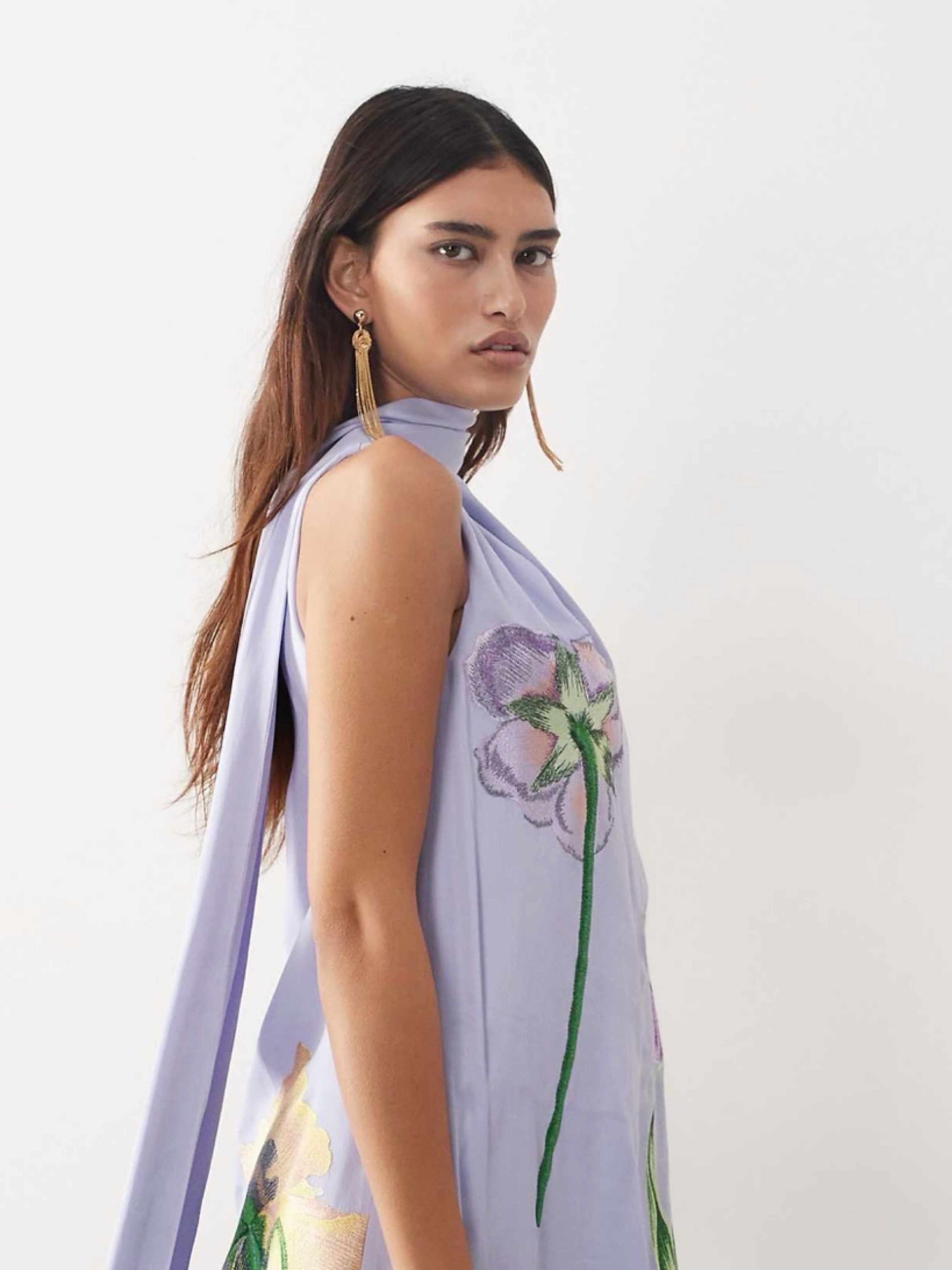 purple floral dress asos Lace & Beads ruffle shoulder tiered maxi dress in purple floral
