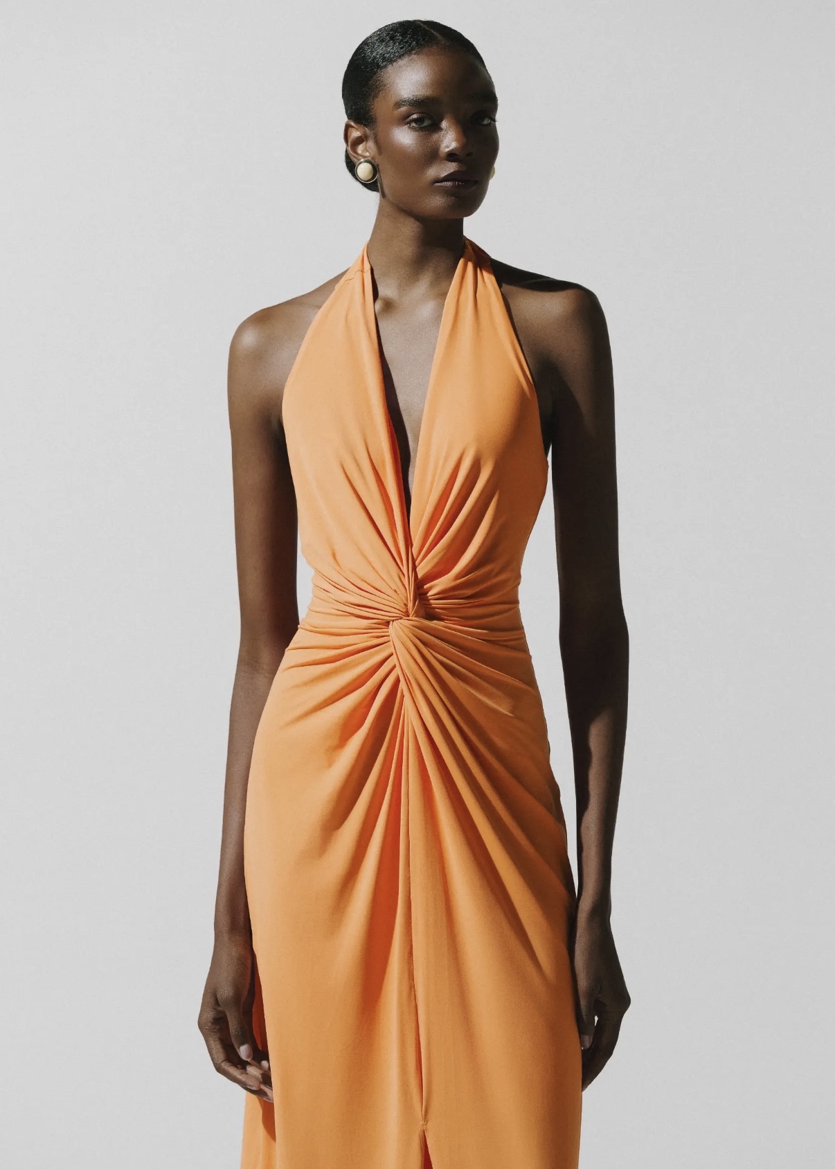 orange silk halter dress ASOS DESIGN Petite satin halter maxi dress with shaped back detail in orange