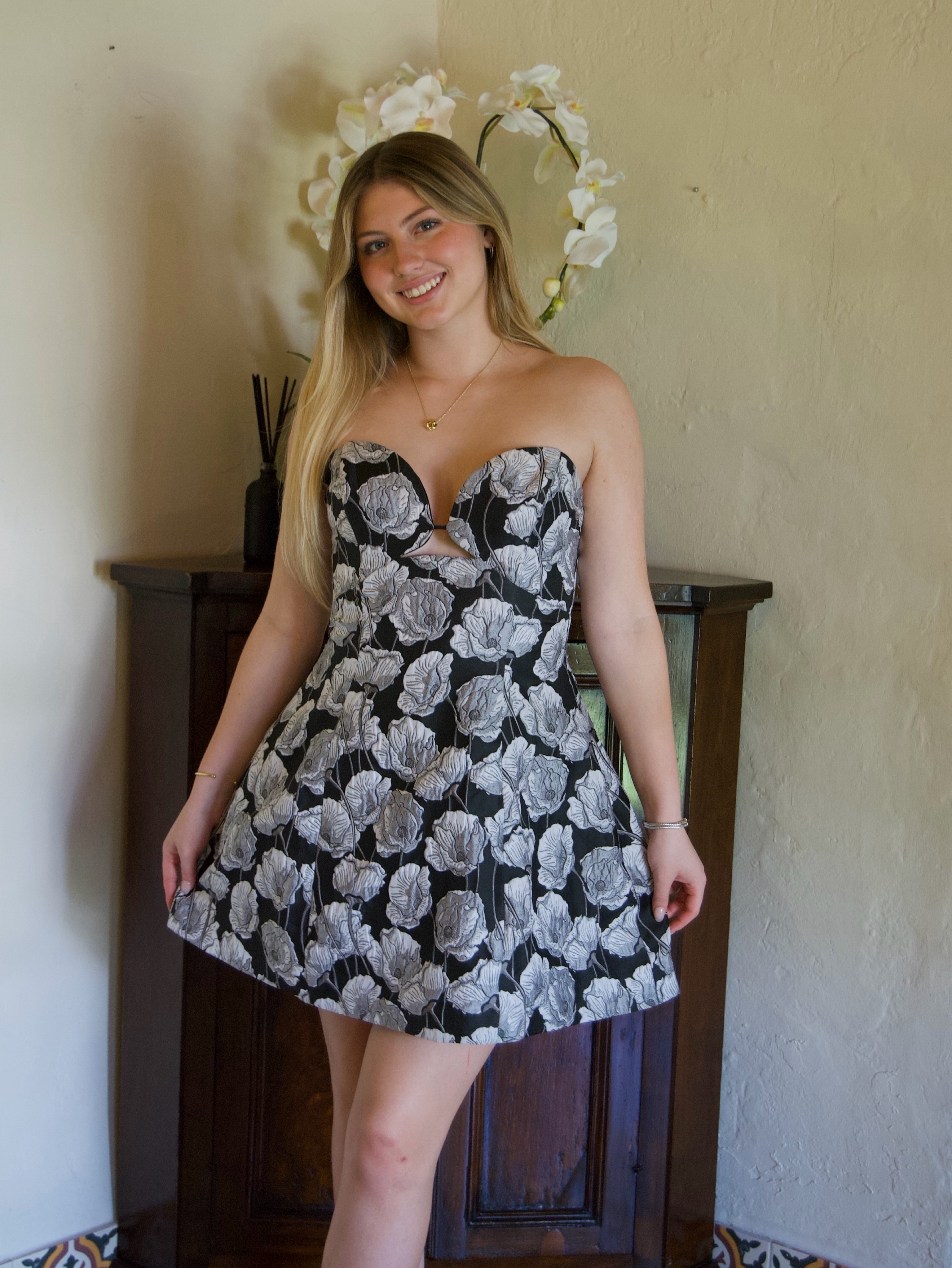 Black White Floral Strapless Mini Dress