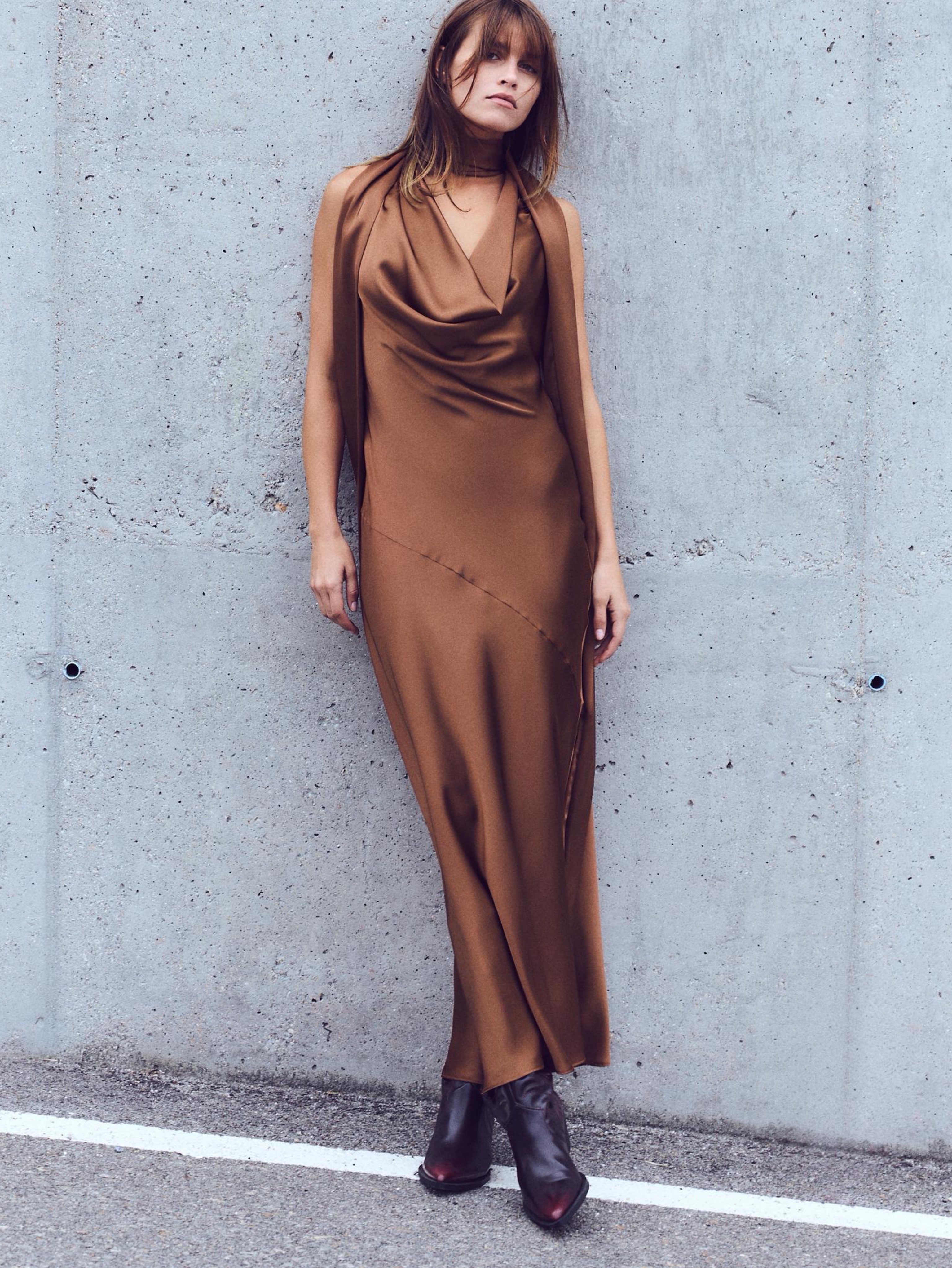 brown satin dress with neck scarf Starling | Brown Matte Satin Plunge-Neck Maxi Dress With Scarf-Detail