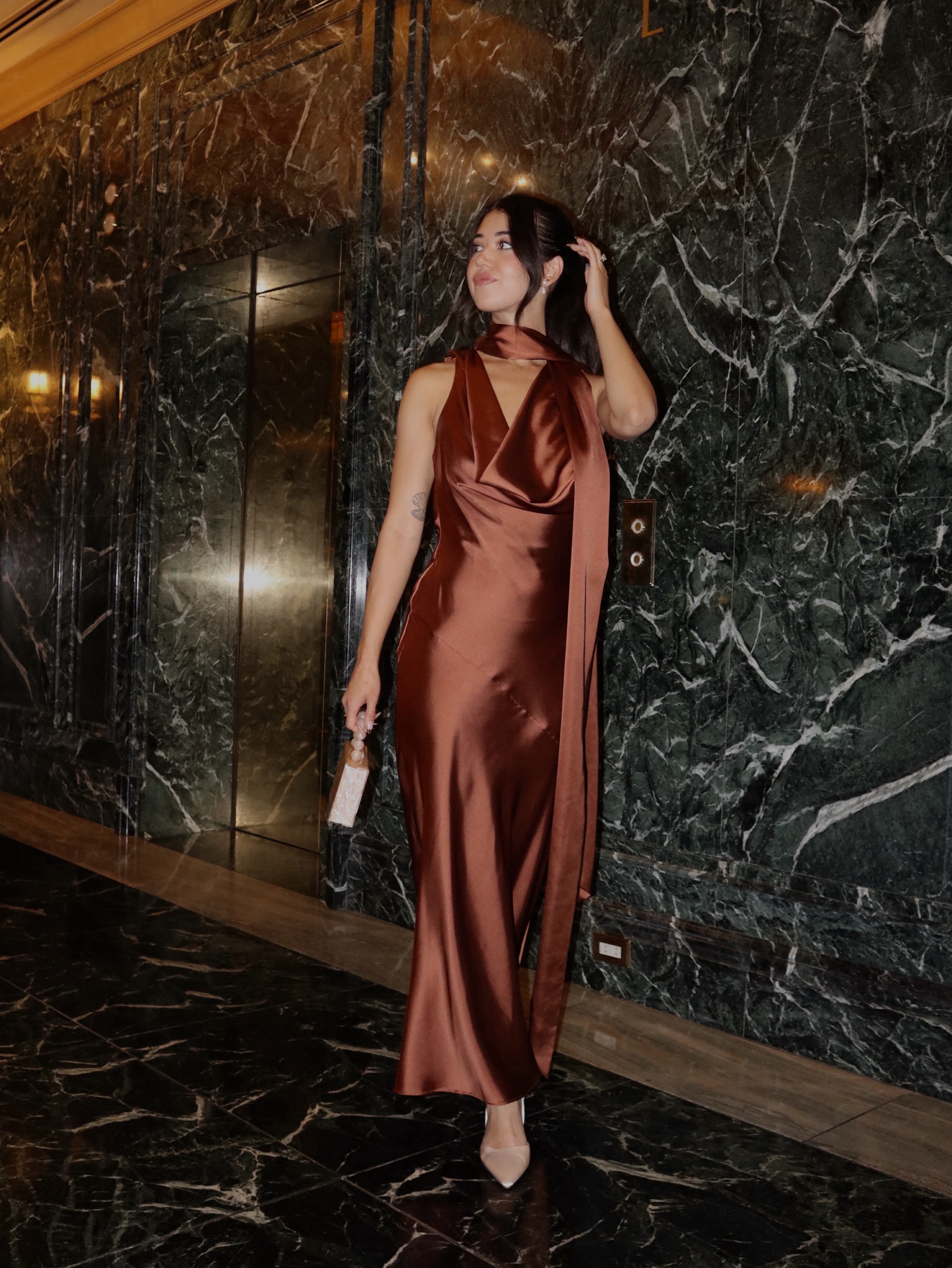 brown satin dress with neck scarf Everyones favorite style, our Keisha bridesmaid dresses with our matching satin scarf, now comes in chocolate brown , Shop online now!