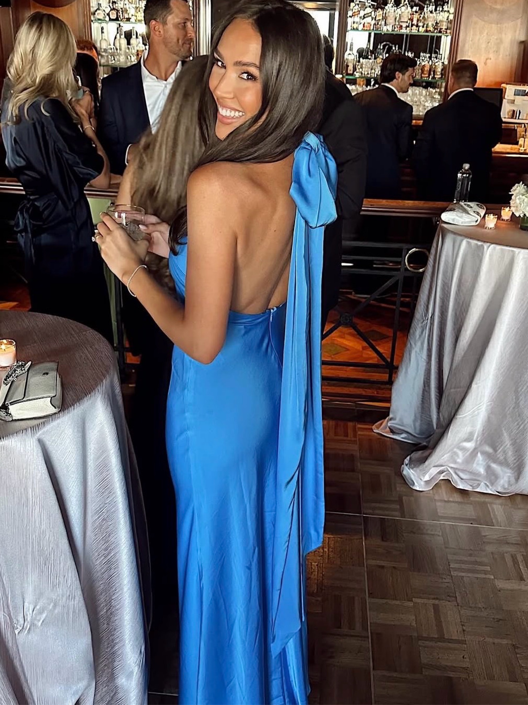 MISHA Evianna Satin - Blue Backless Gown by MISHA (Revolve)