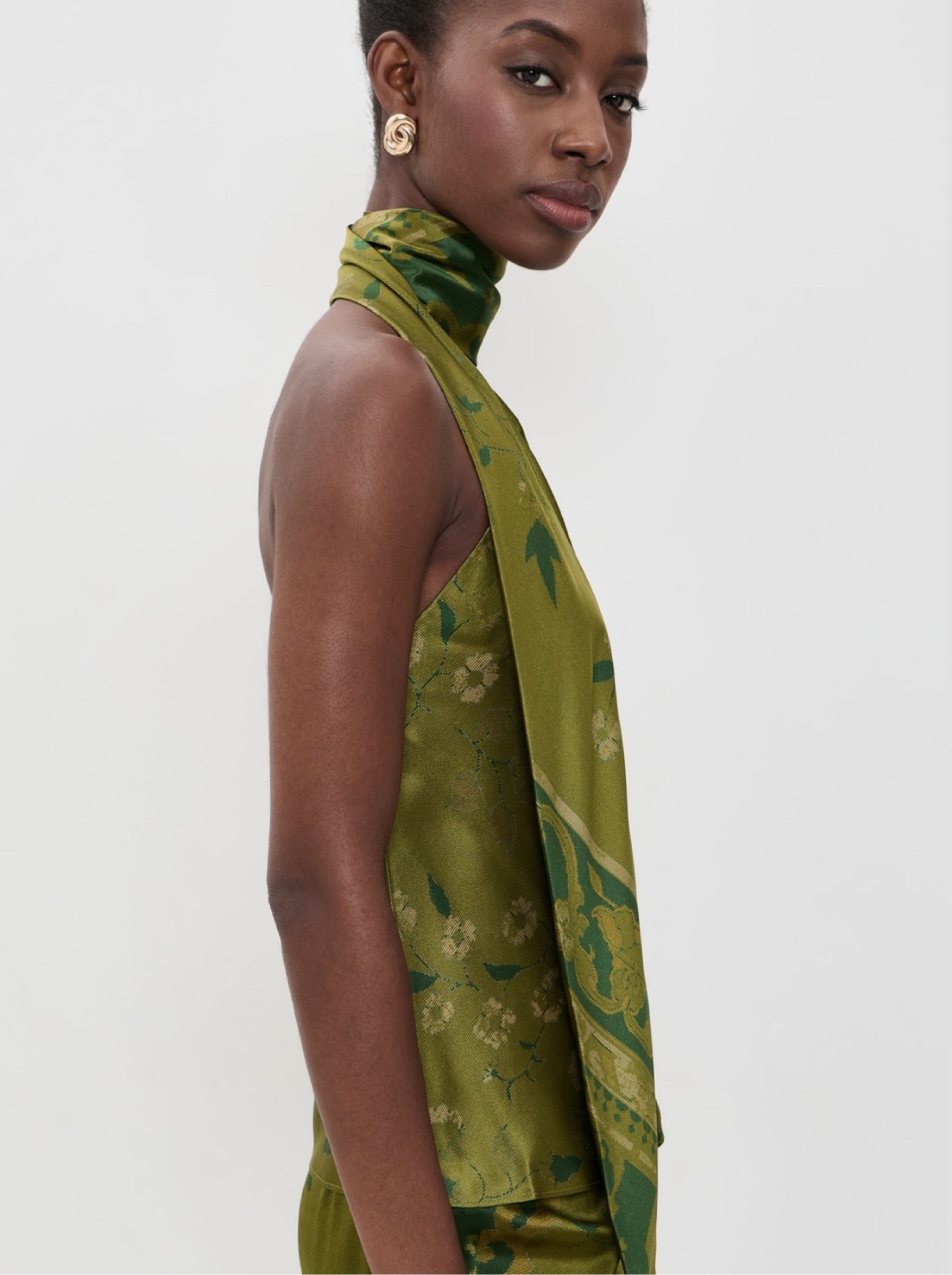 Reformation Silk Top Sabi Halterneck Olive Green Floral Pattern Scarf ...