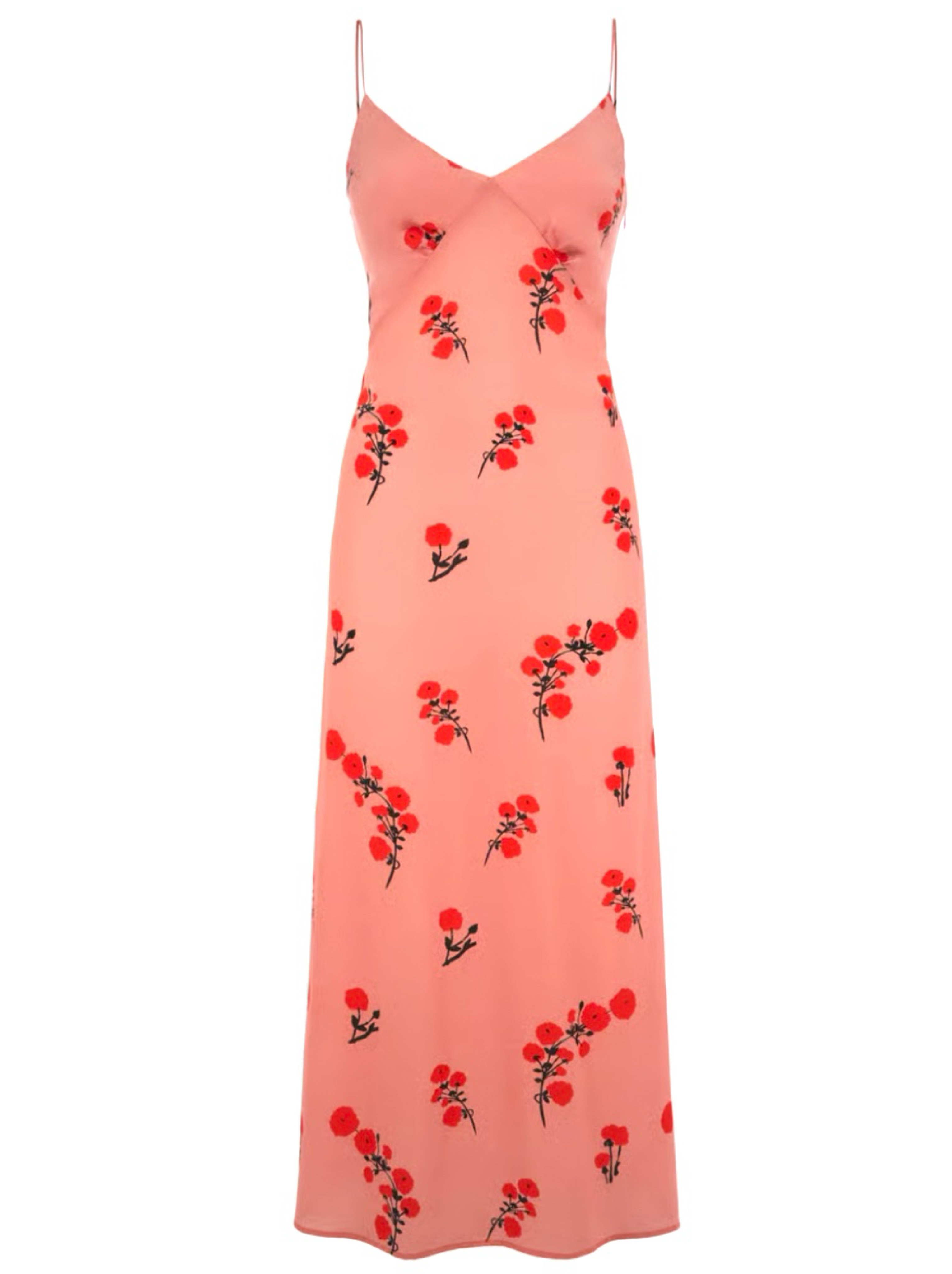 Bernadette Floral Coral Peach Pink Flower Poppy Midi Silk Slip V-Neck Wedding Guest Dress