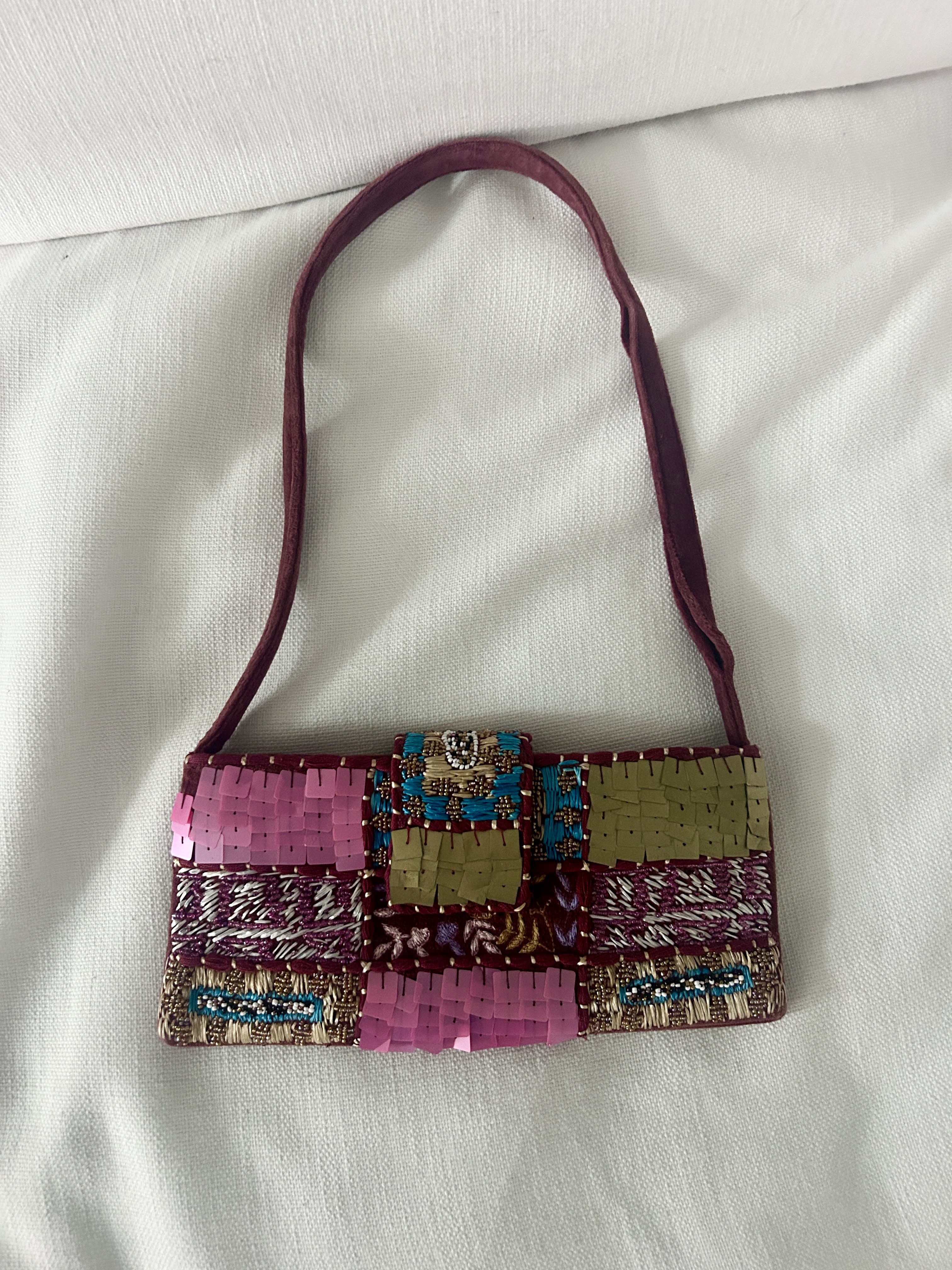 Vintage European Sequin Designer Embroidered Unique Colorful Velvet Red Bag