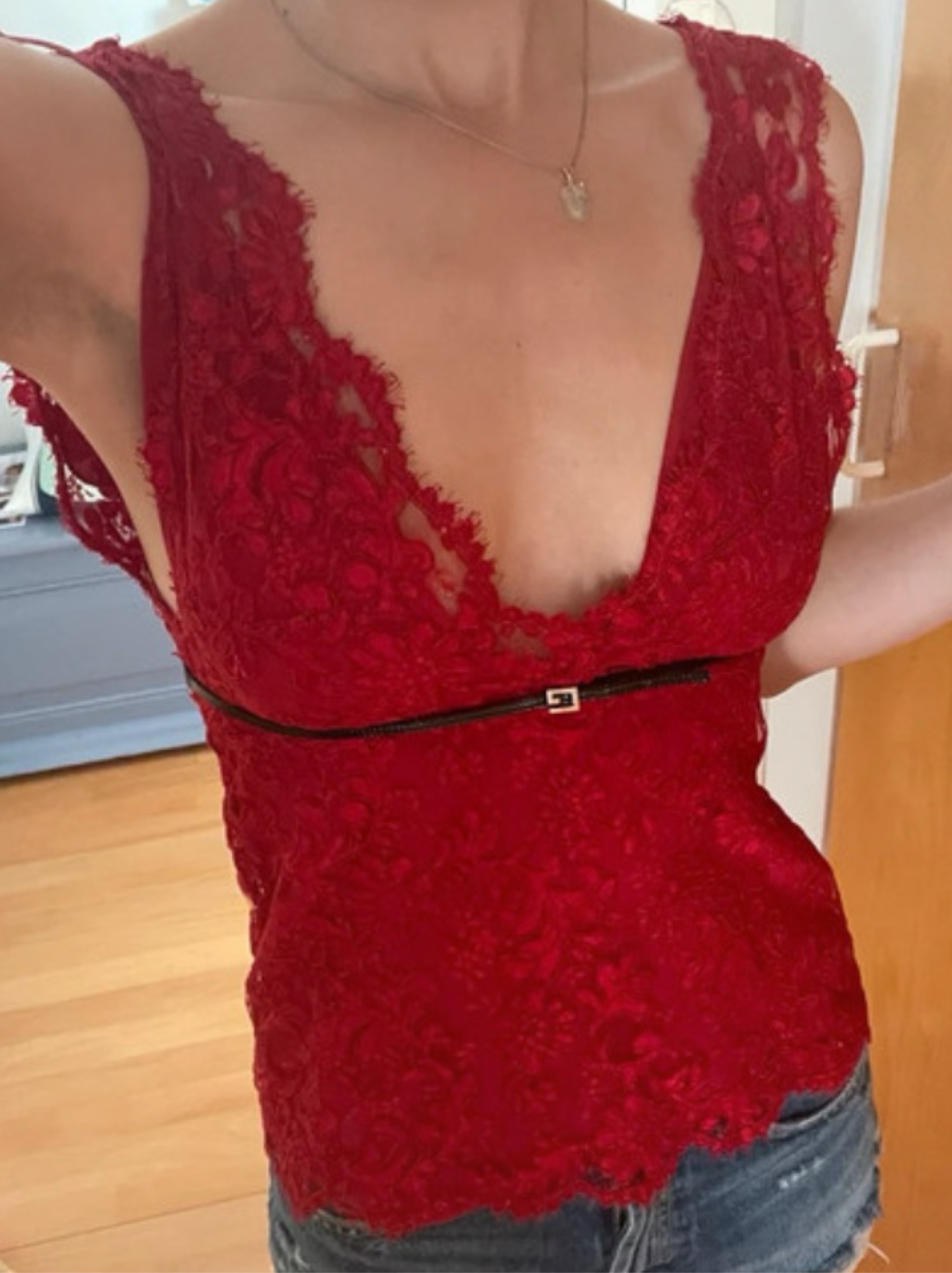 GUCCI Red Lace Deep V-Neck Leather Strap Sleeveless Minimalist Chic Cocktail Going Out Top
