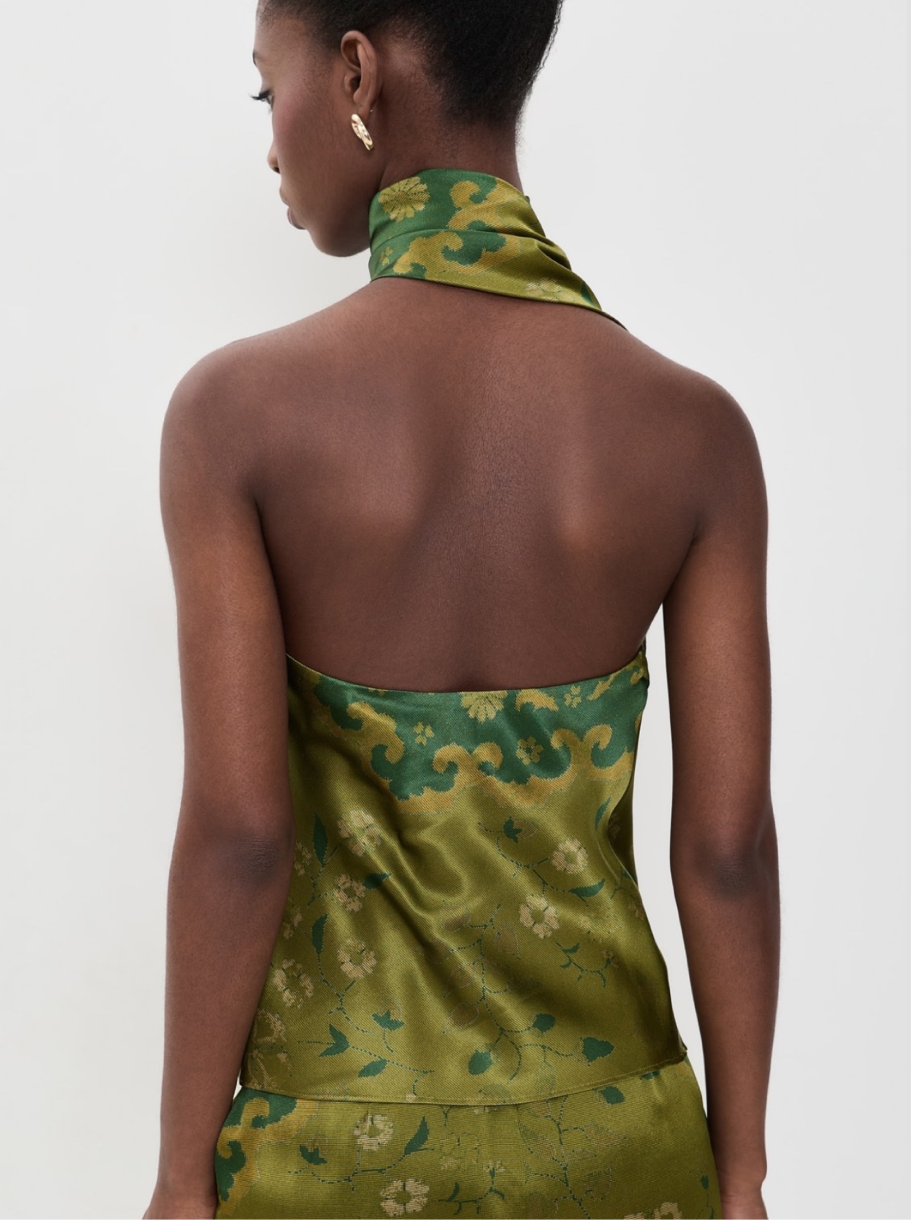 Reformation Silk Top Sabi Halterneck Olive Green Floral Pattern Scarf ...