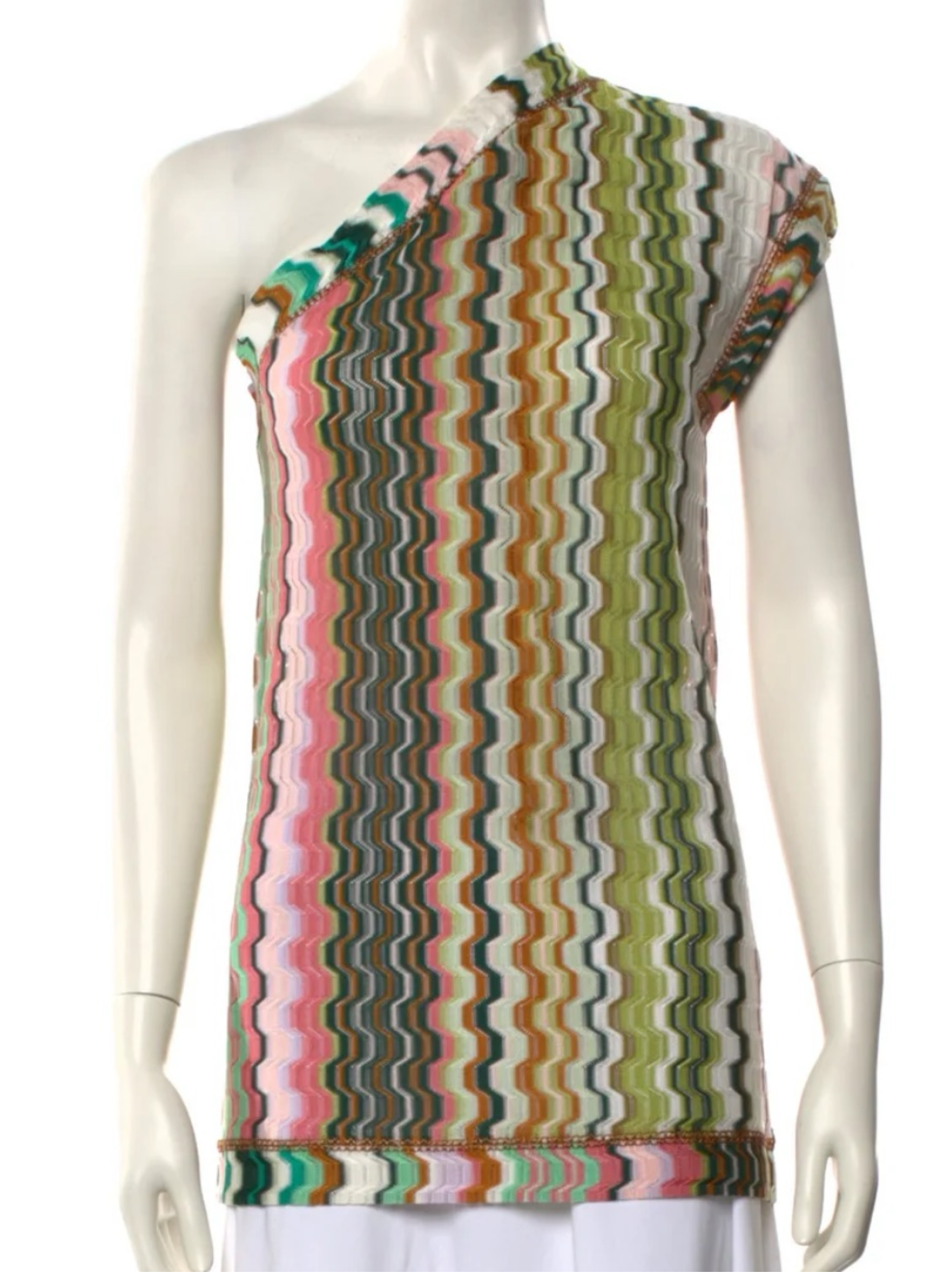 Missoni Asymmetric Off Shoulder Stripped Green Pink Multicolored Unique Mini Dress Shirt Top
