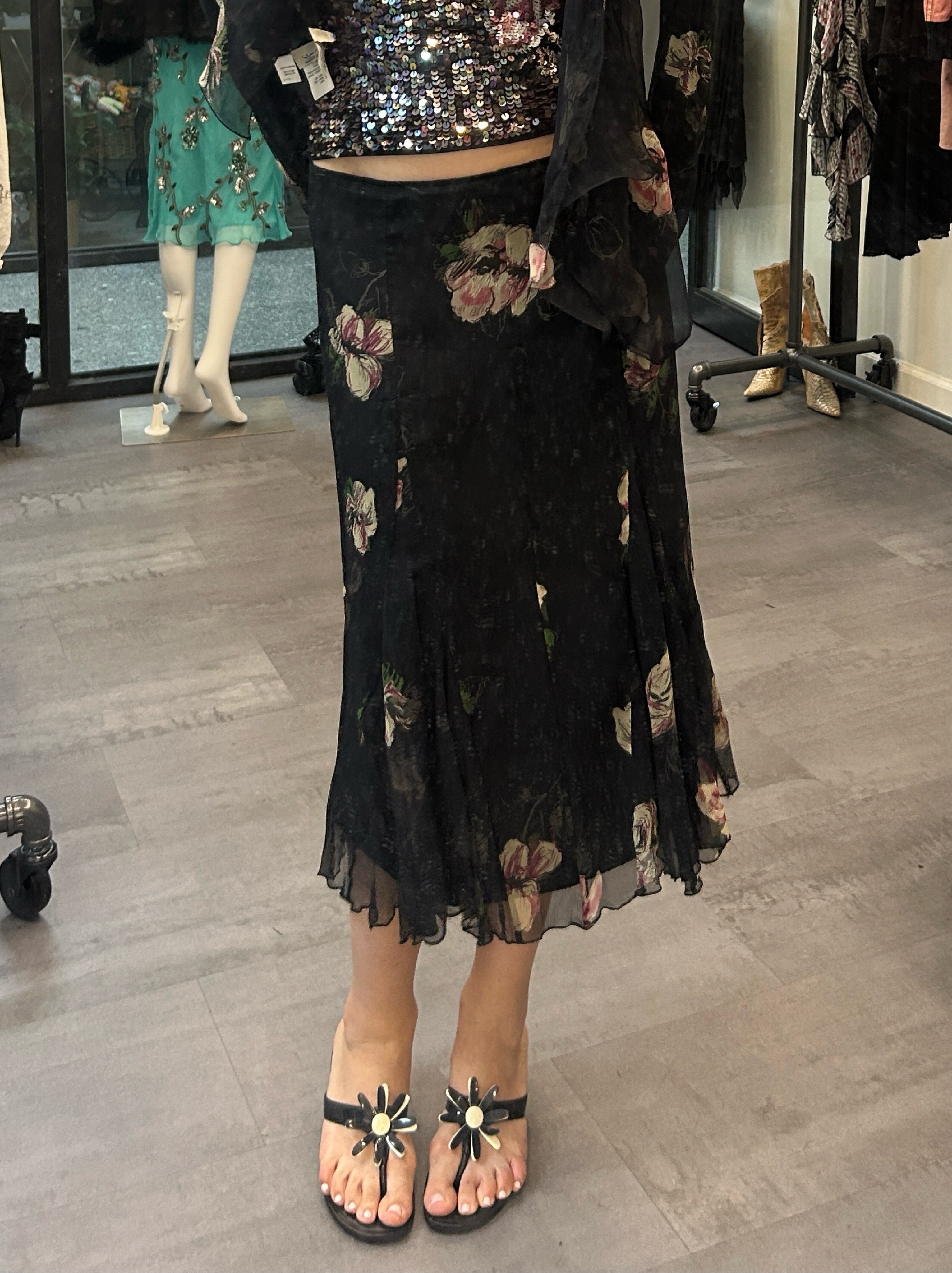 Vintage Italian Silk Floral Midi Ruffle Black Skirt