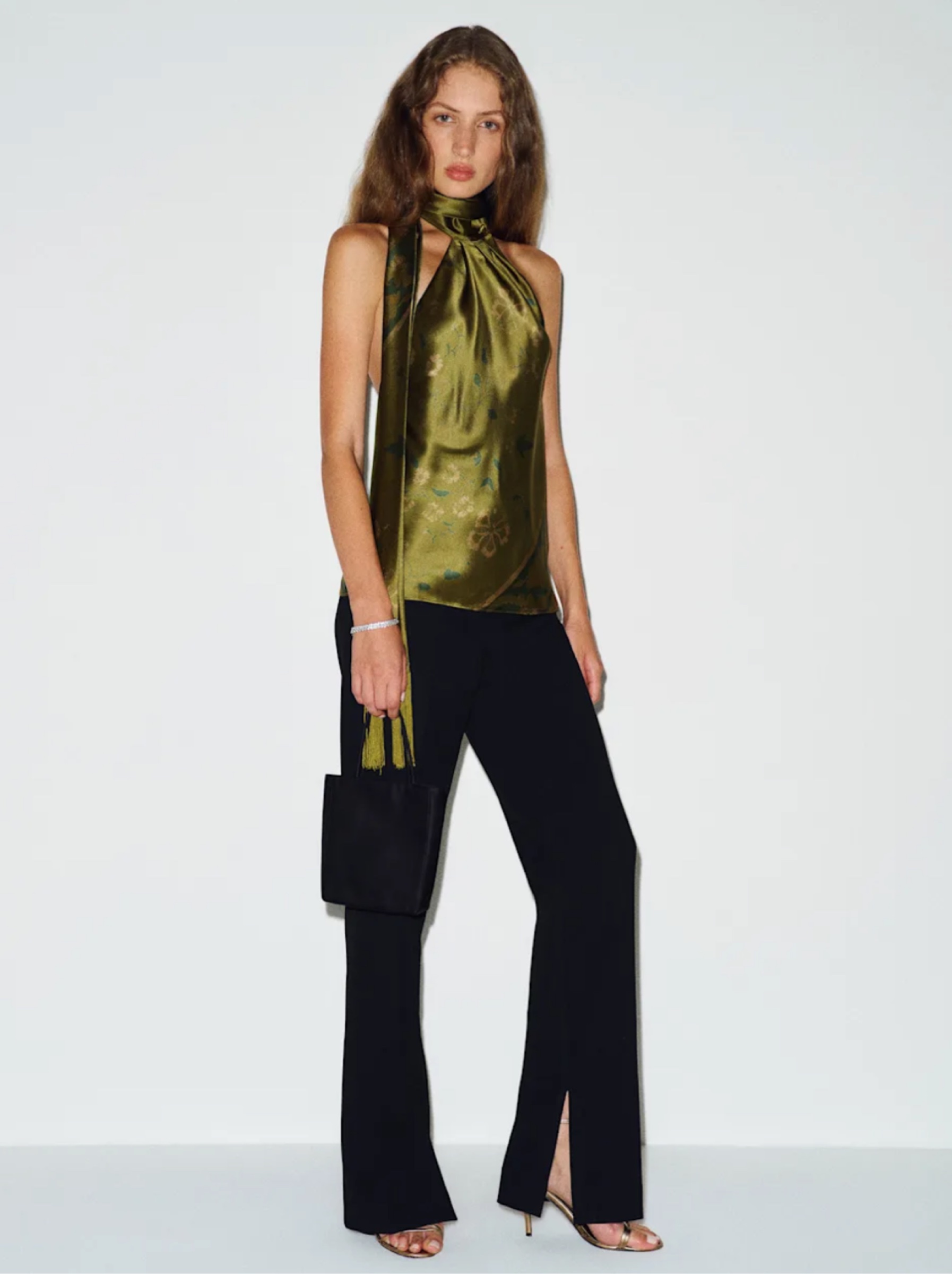 Reformation Silk Top Sabi Halterneck Olive Green Floral Pattern Scarf ...