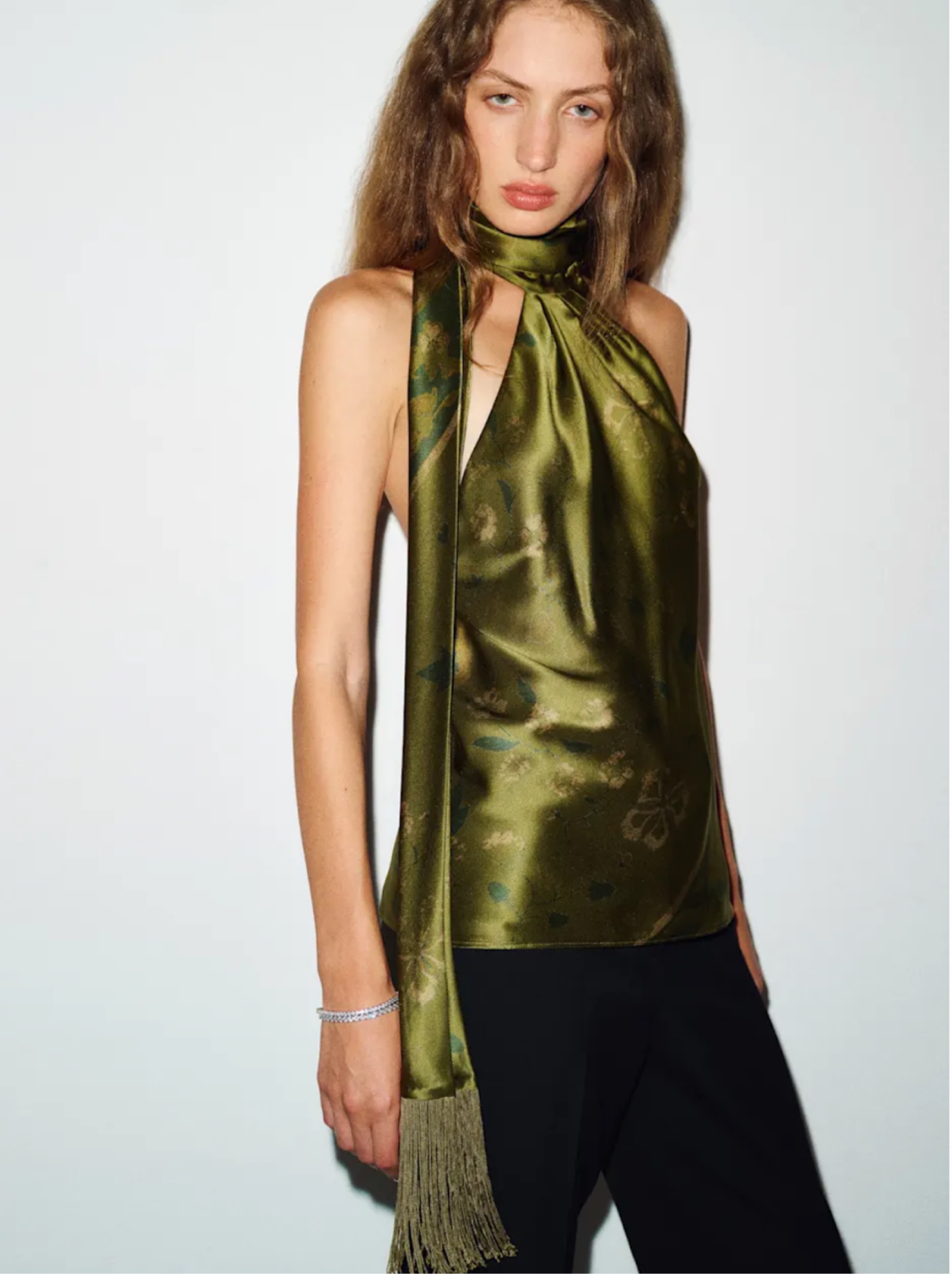 Reformation Silk Top Sabi Halterneck Olive Green Floral Pattern Scarf ...