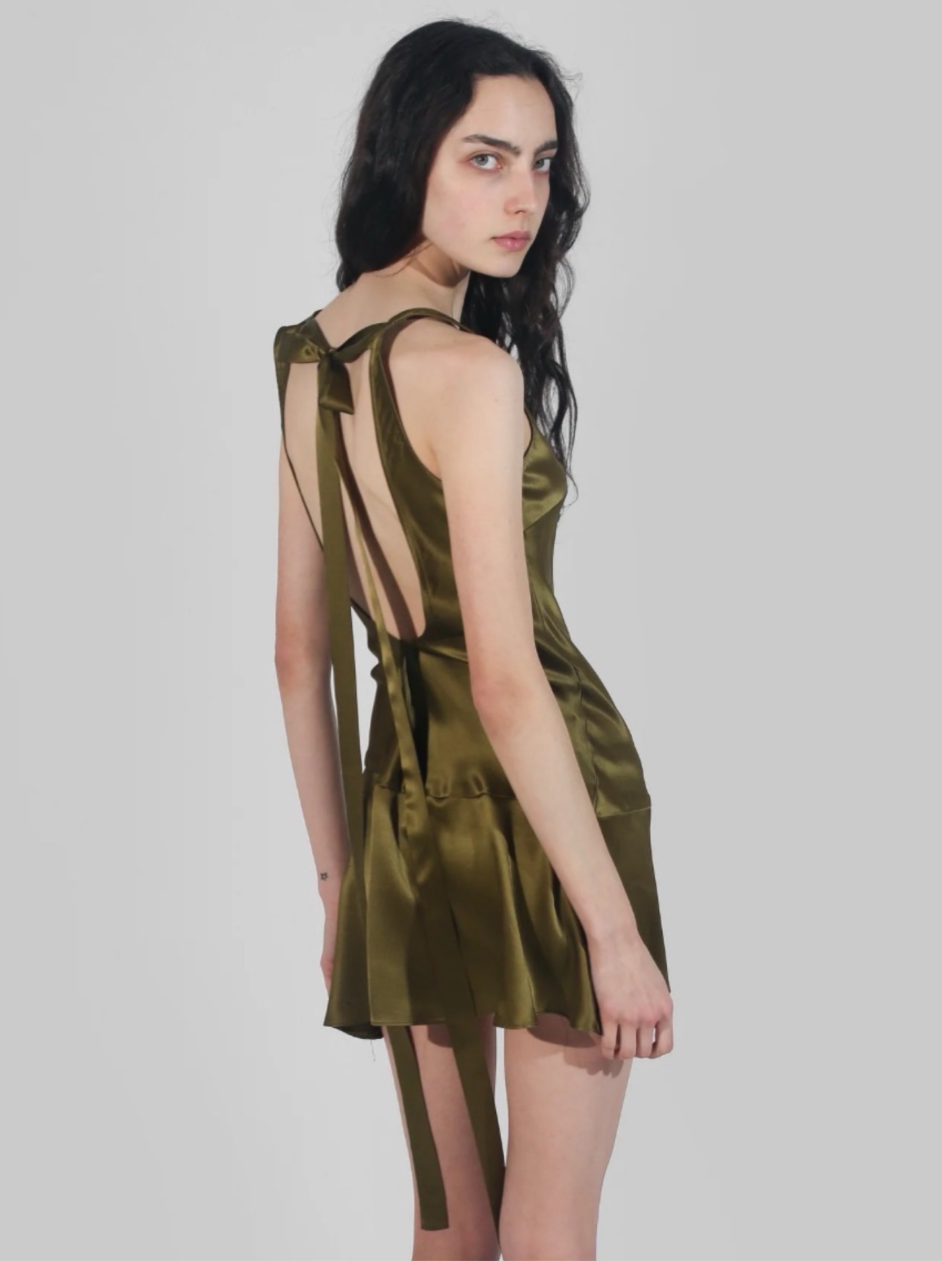 Dana Foley Silk Olive Green Chartreuse Sexy Devon Mini V-Neck Shift Open Back Dress