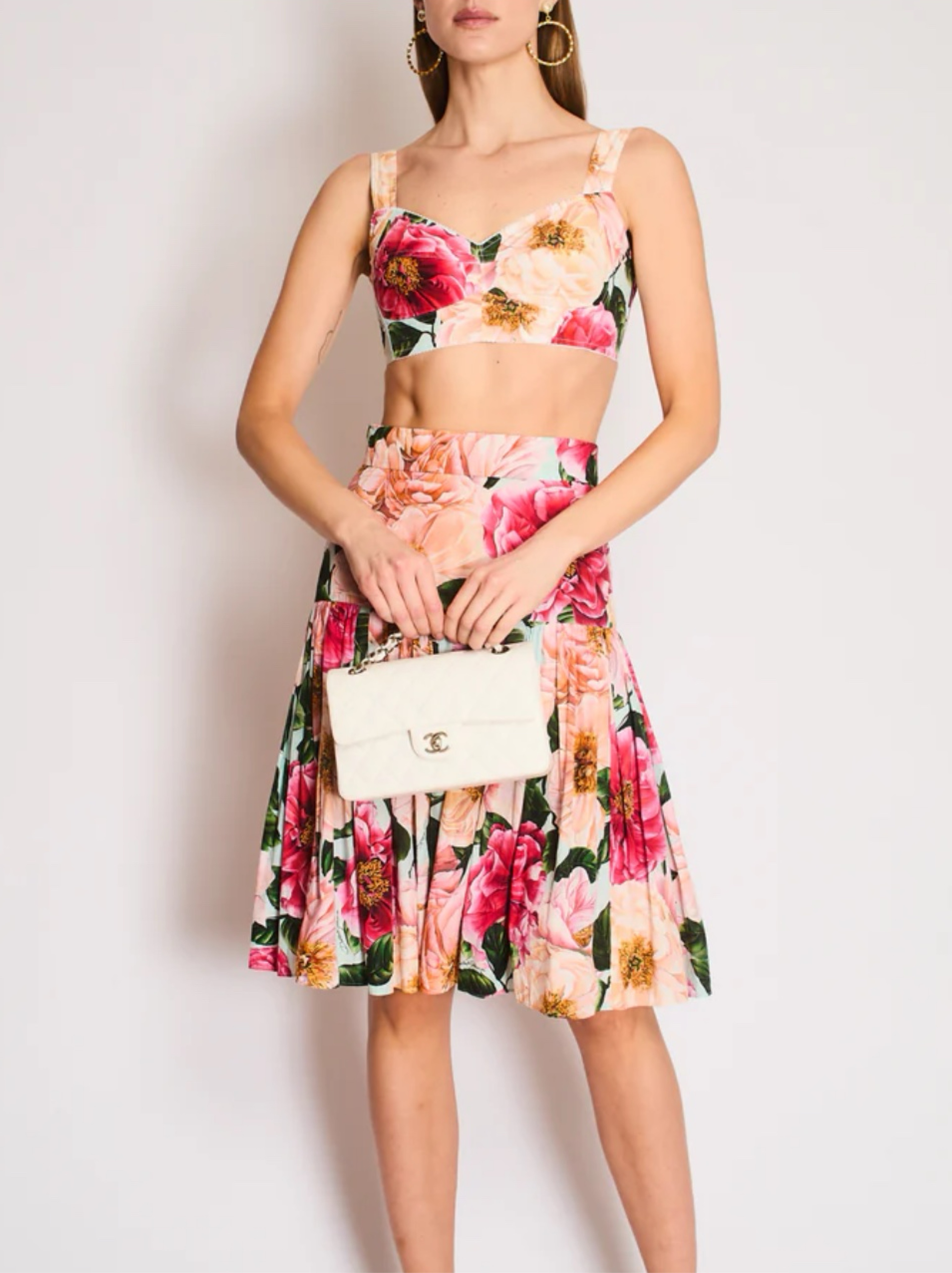 Dolce & Gabanna Set Skirt & Bustier Bralette Print Midi Crop Floral Poplin Cotton Garden Party