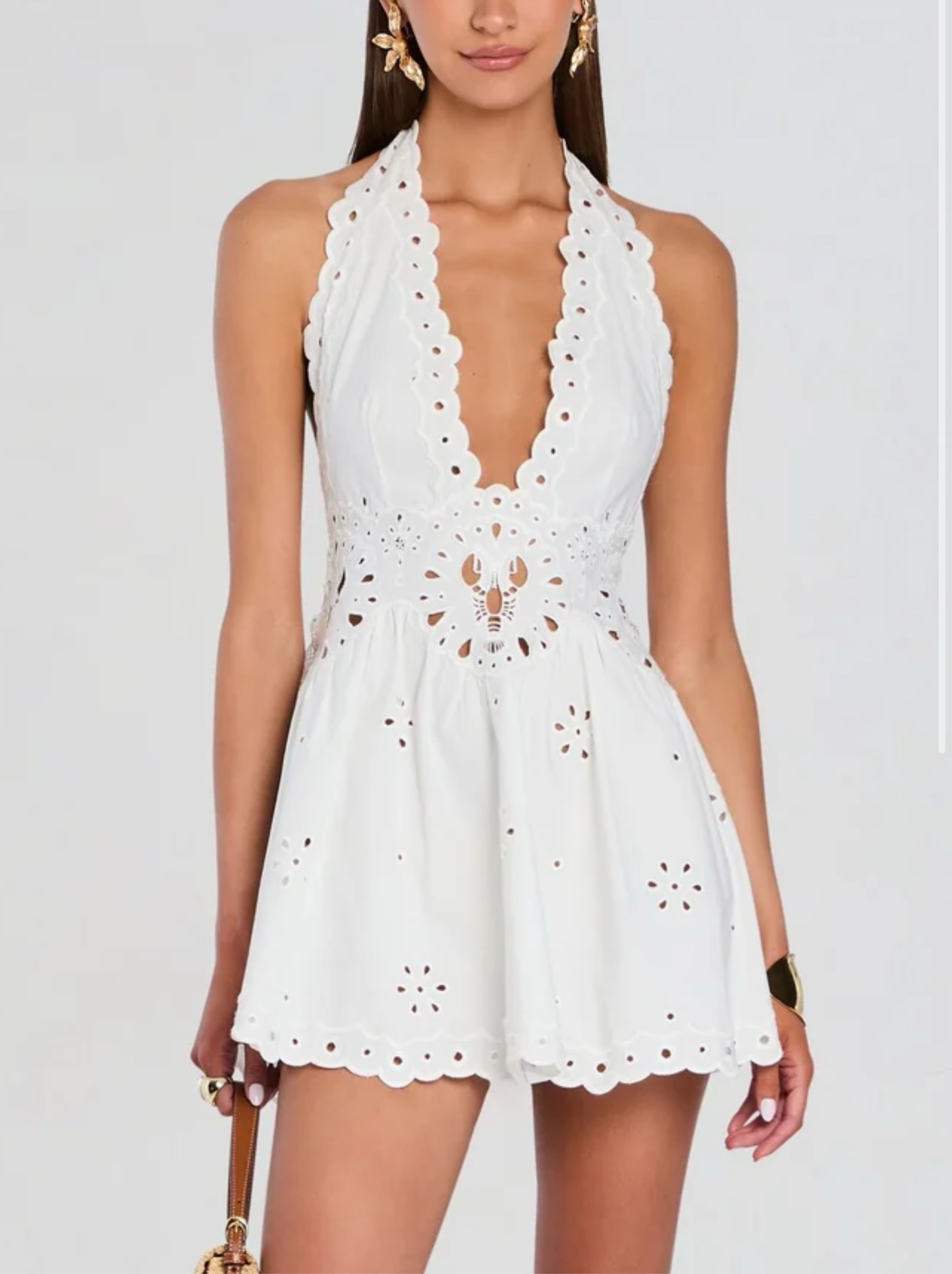 Retrofete Bernice Halter Neck Deep V-Neck White Lobster Hamptons Summer Poplin Flare Mini Dress