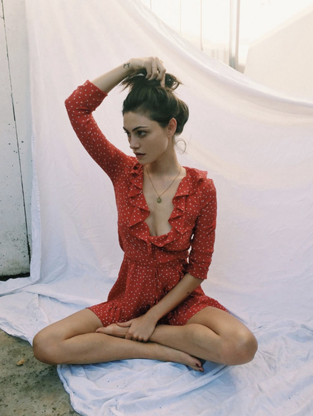Realisation Par Silk Red Alexandria Star Long Sleeve Ruffle V-Neck Mini Dress