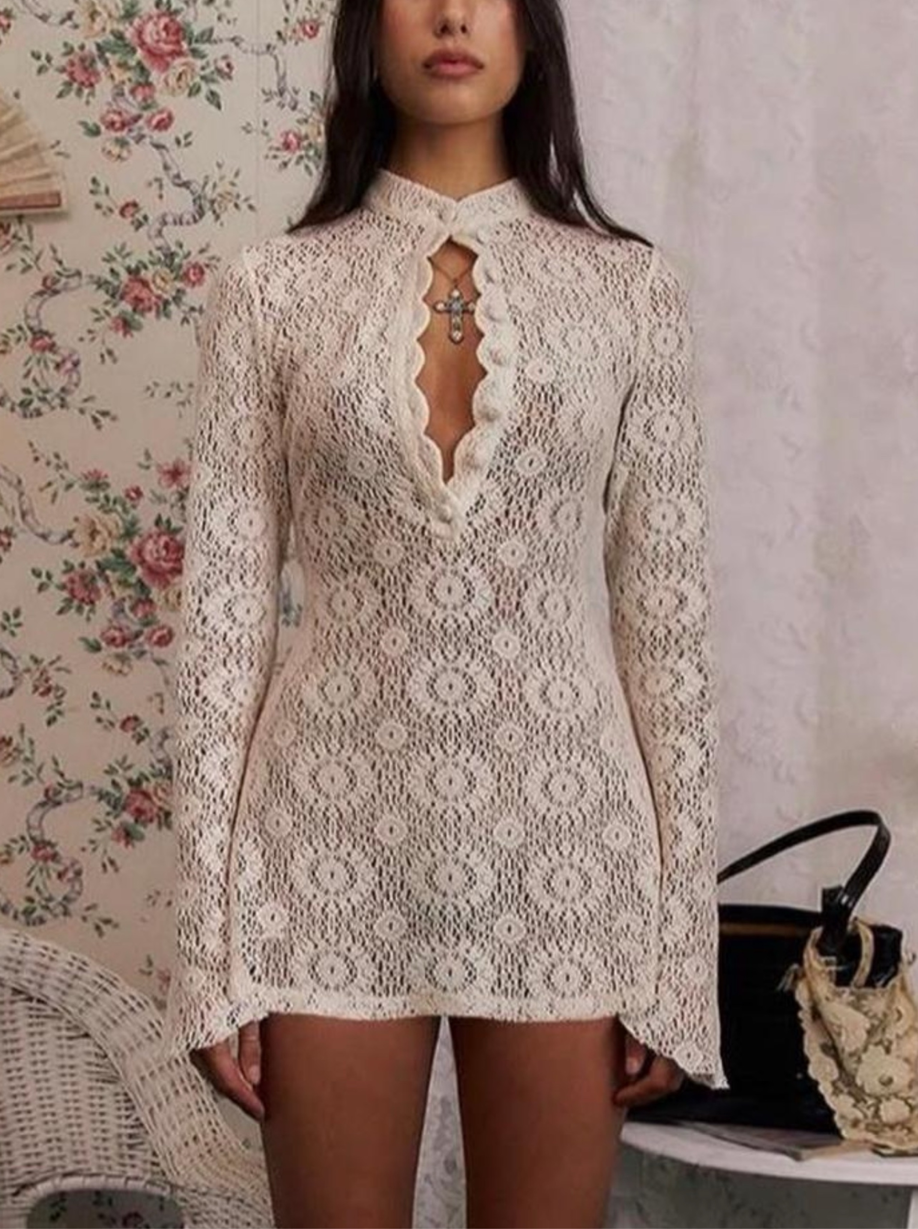 Mirror Palais Crochet Bell Long Sleeve Collar Keyhole V-Neck Button White Ivory Coverup Mini Dress