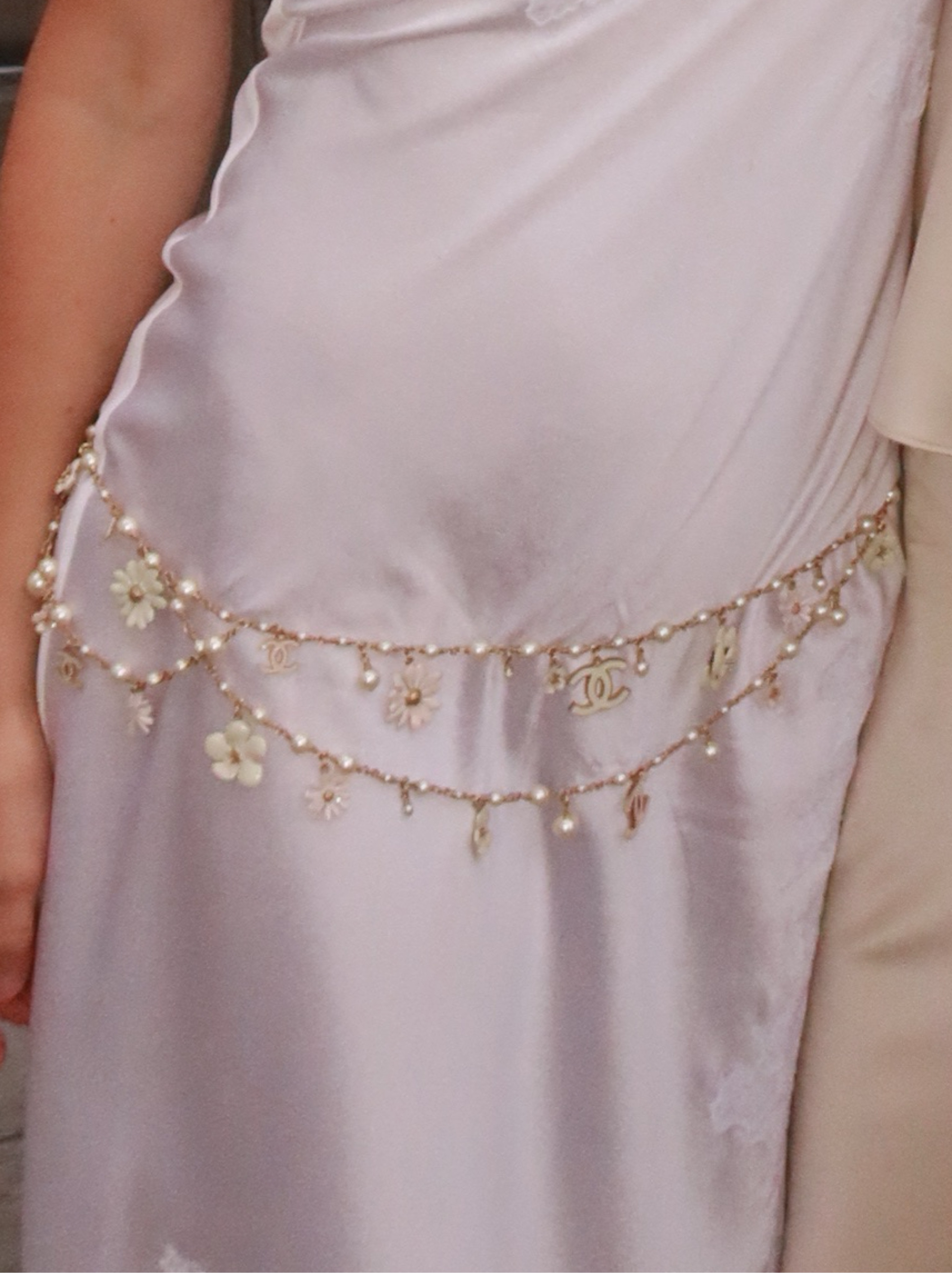 Rare Vintage Chanel Floral Chain Necklace 2010 Gold Metal Belt Layered CC Logo Flower White Pink