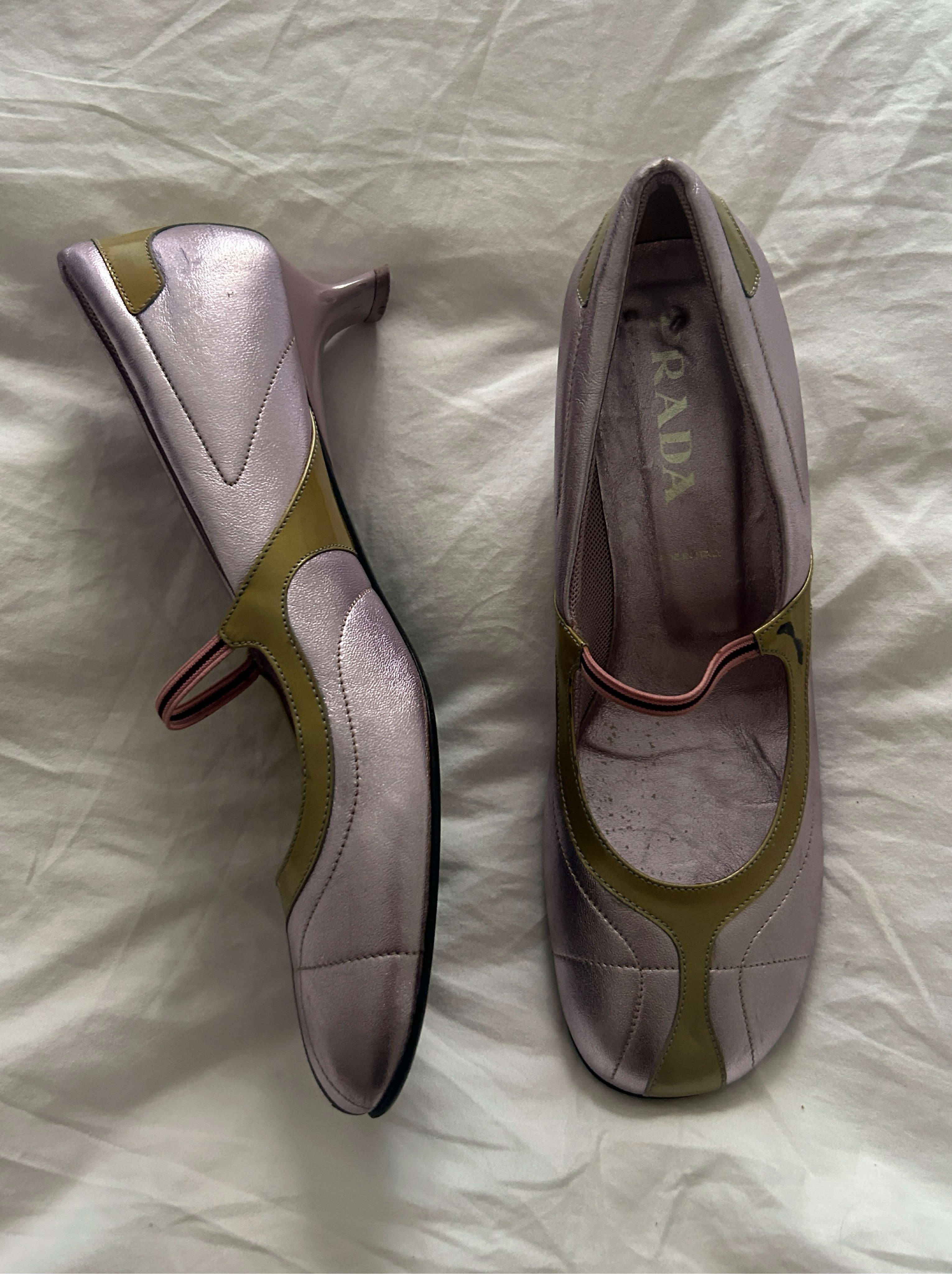 Vintage PRADA Rare Sporty Kitten Heel Mary Jane Lilac Leather Metallic Patent Archival Heels