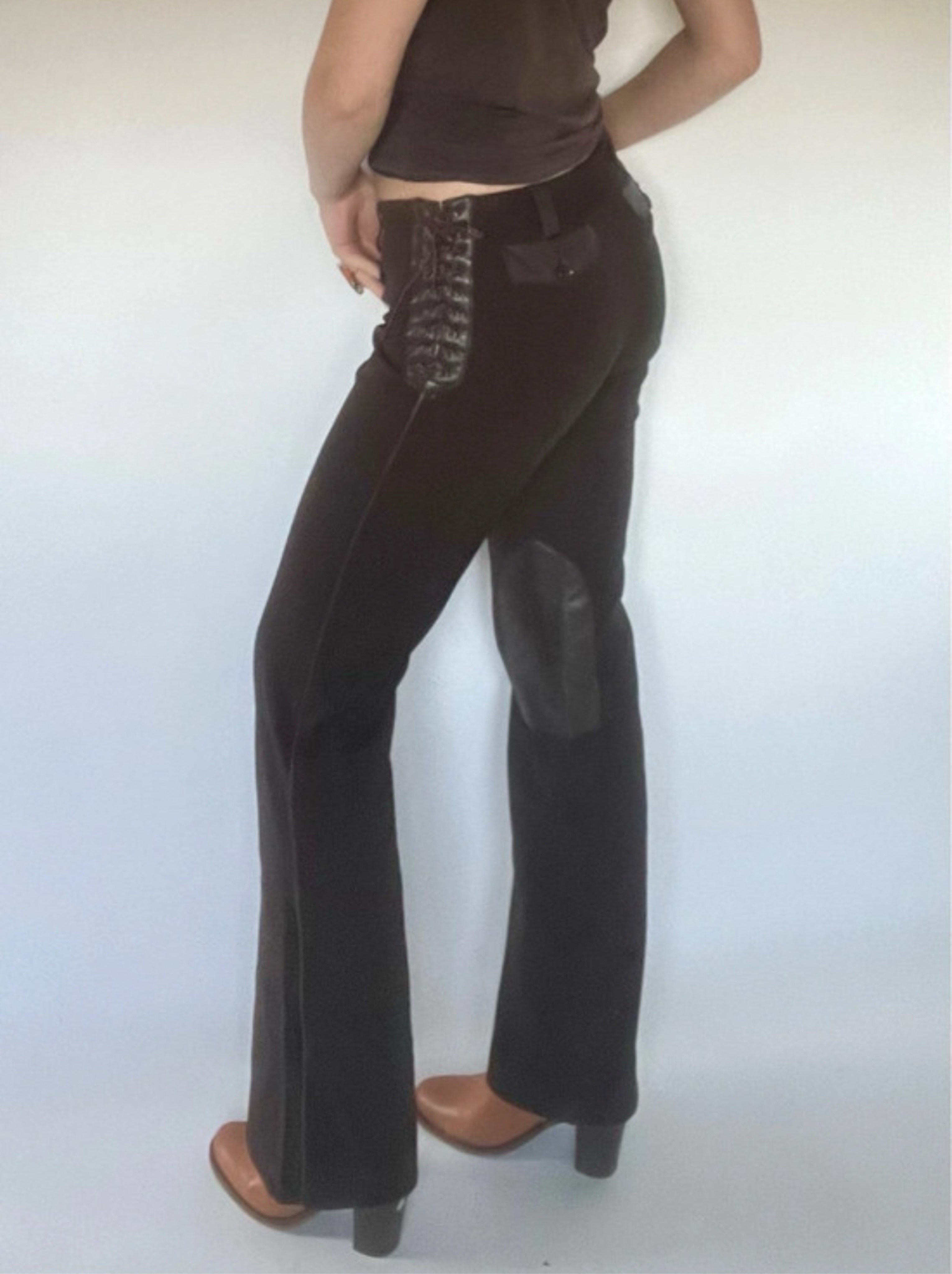 Dolce & Gabbana Brown Leather Lace Tie Up Flared Bootleg Pants
