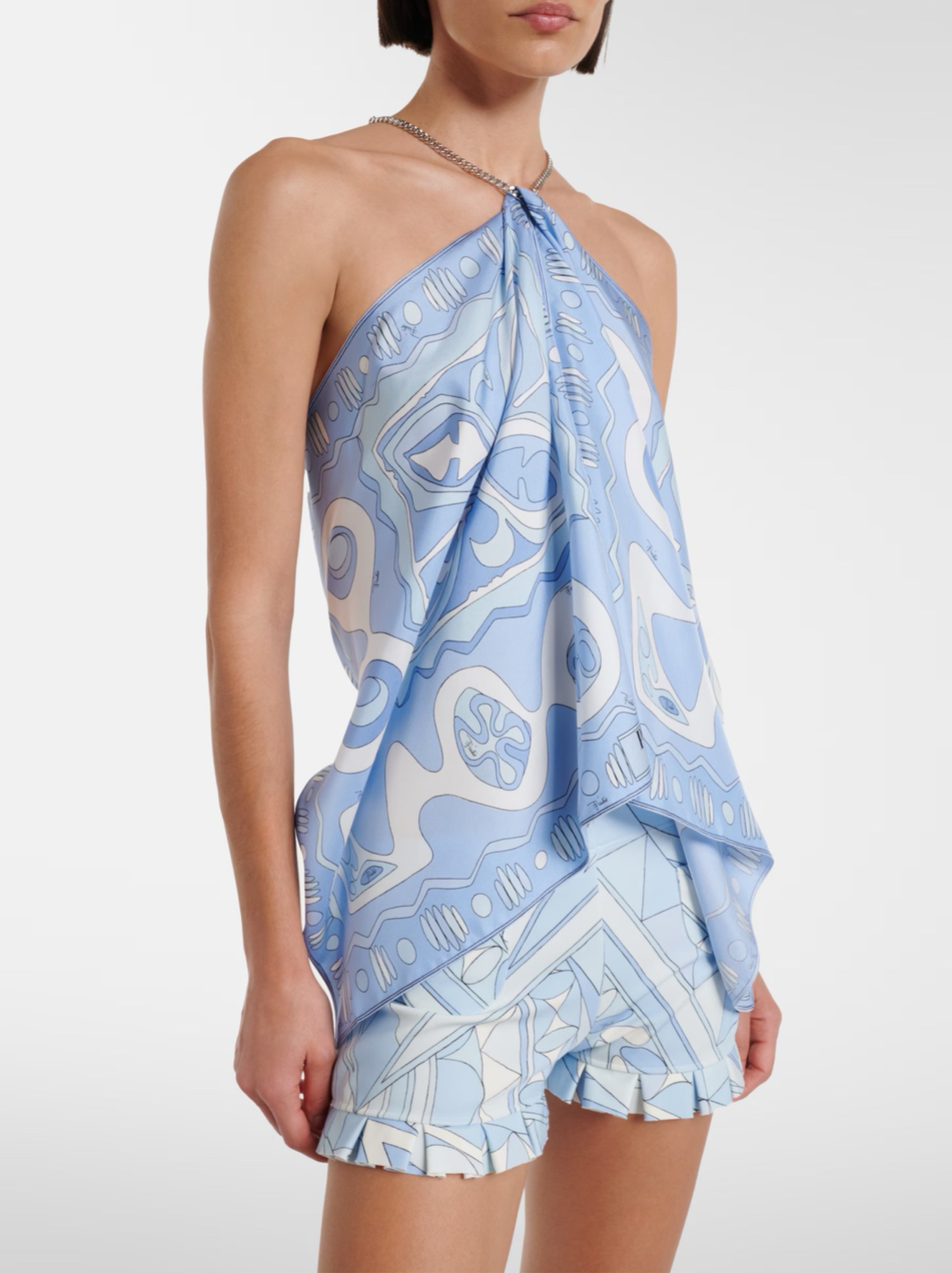 Pucci Matching Set - Light Blue Print Mini Micro Manuba Shorts & Silk Angoli Halterneck Chain Top