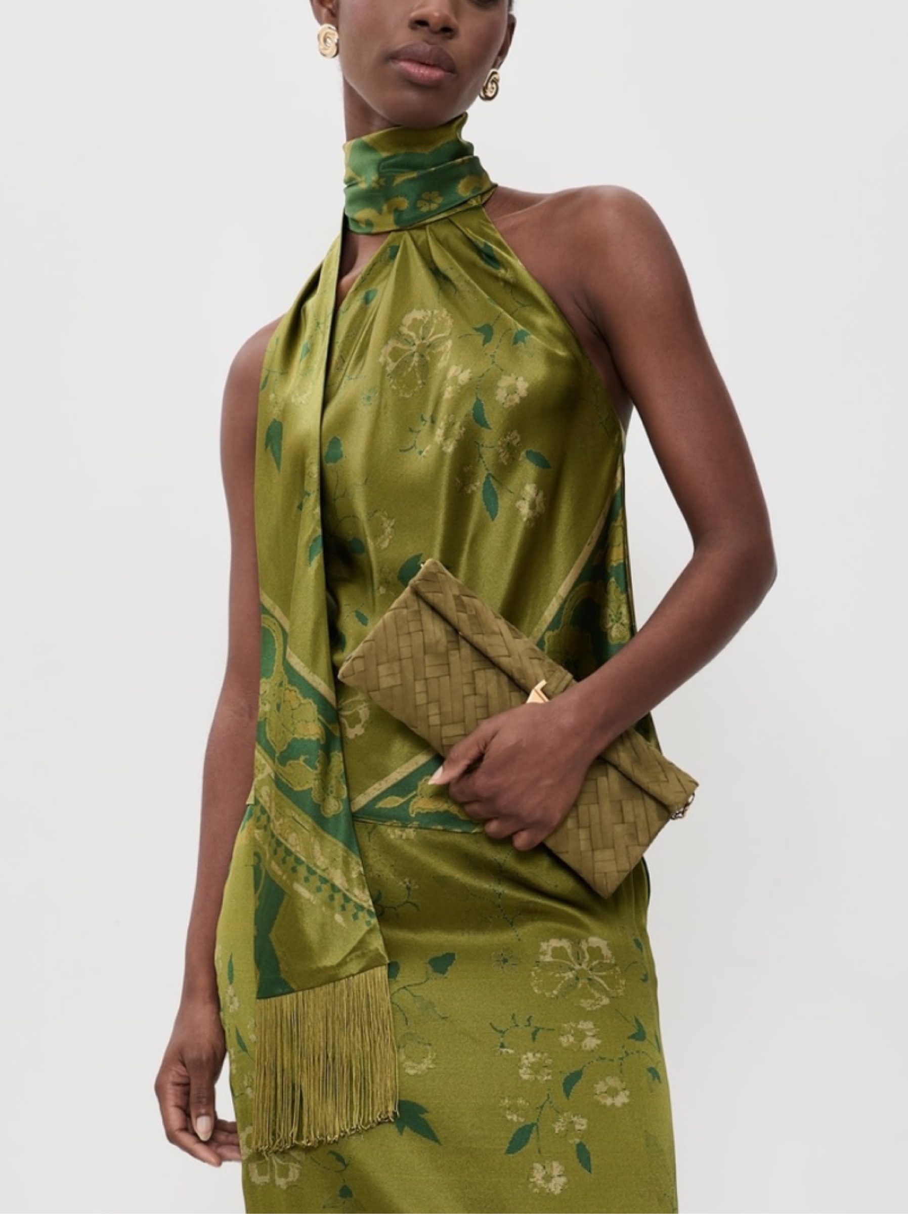Reformation Silk Top Sabi Halterneck Olive Green Floral Pattern Scarf ...