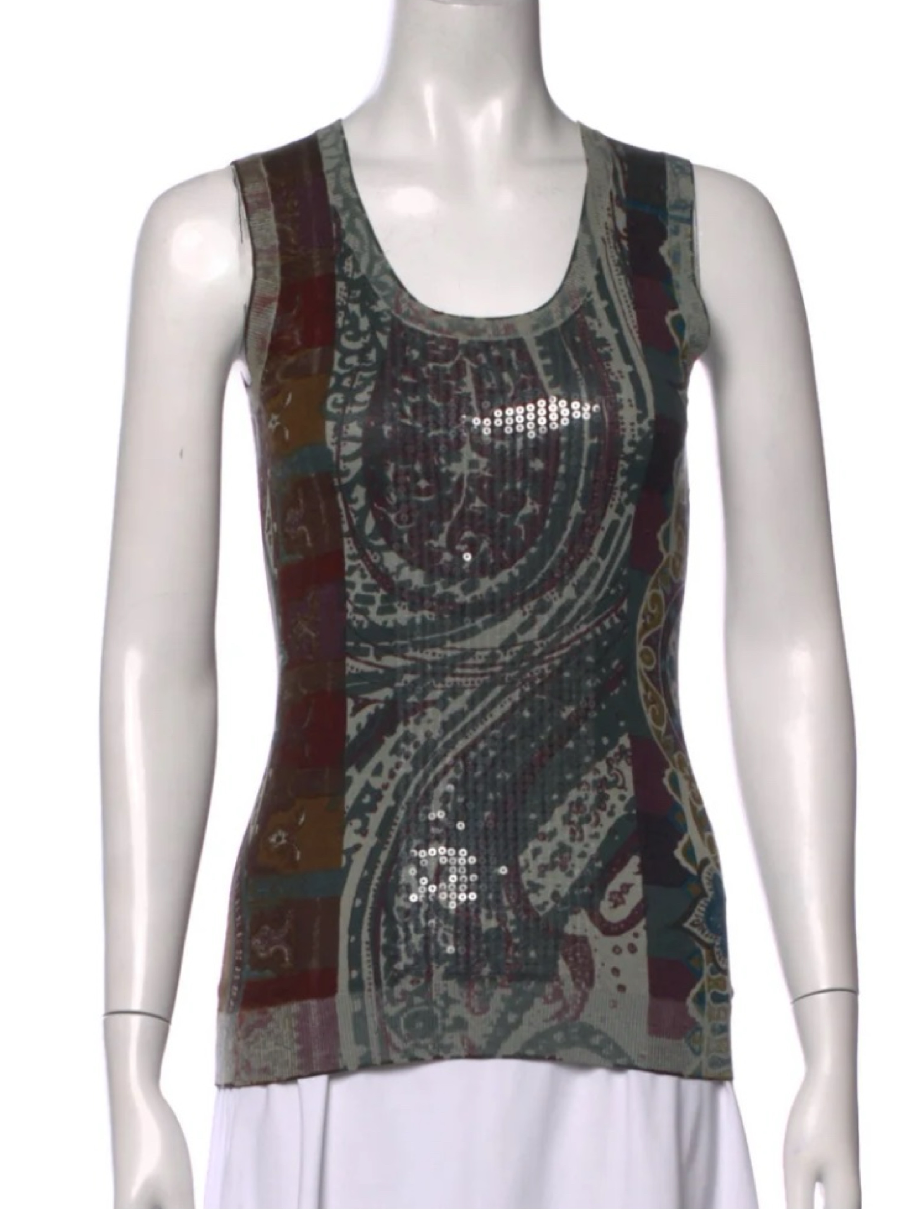 ETRO Silk Sequin Blue Pattern Embellished Sleeveless Scoop Neck Tank Top Shirt