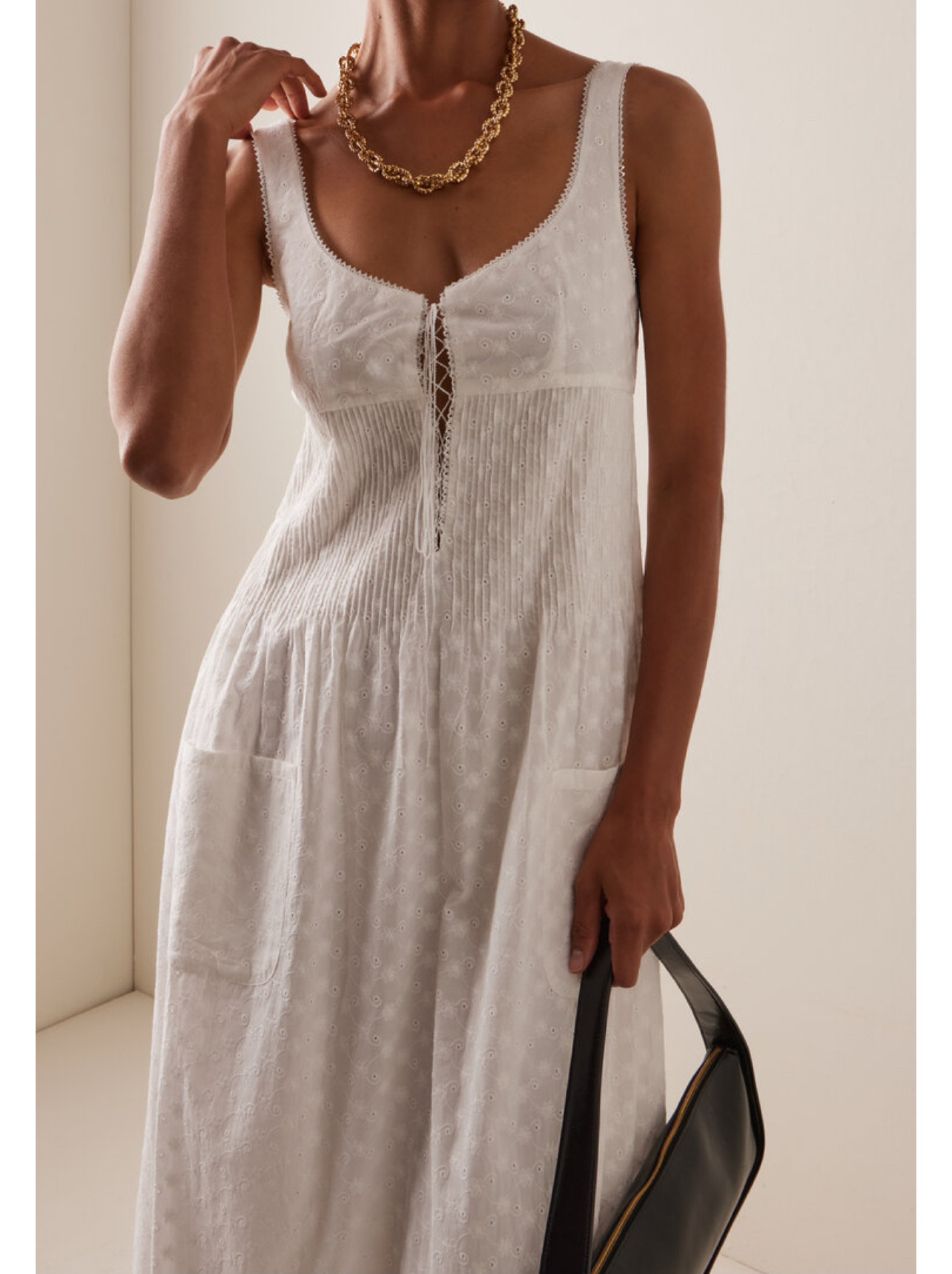 Mirror Palais Pintuck Eyelet Cotton White Lace Sweetheart Bow Hamptons Vacation Beach Maxi Dress