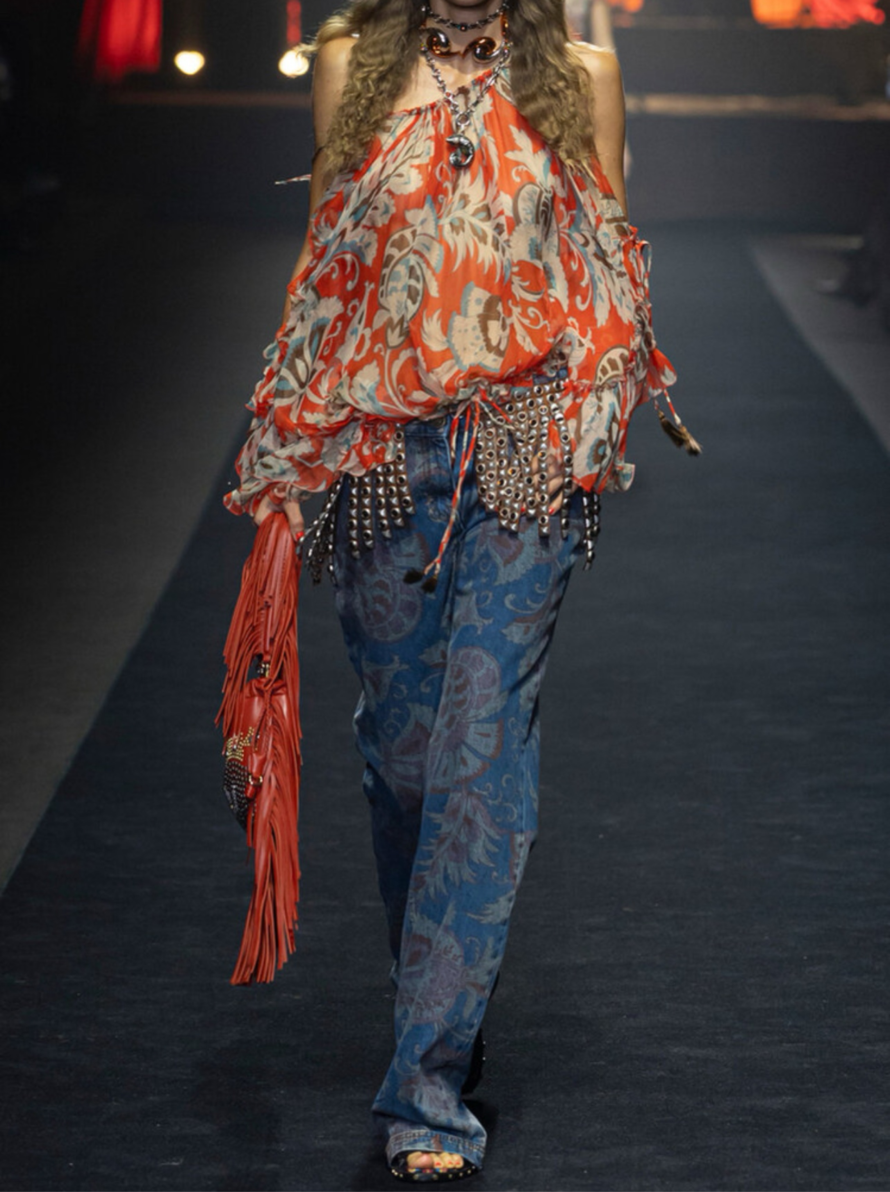 ETRO Floral Jeans S/S 2026 Runway Blue Pattern High Waisted Boho Chic Unique Denim Flared Jean