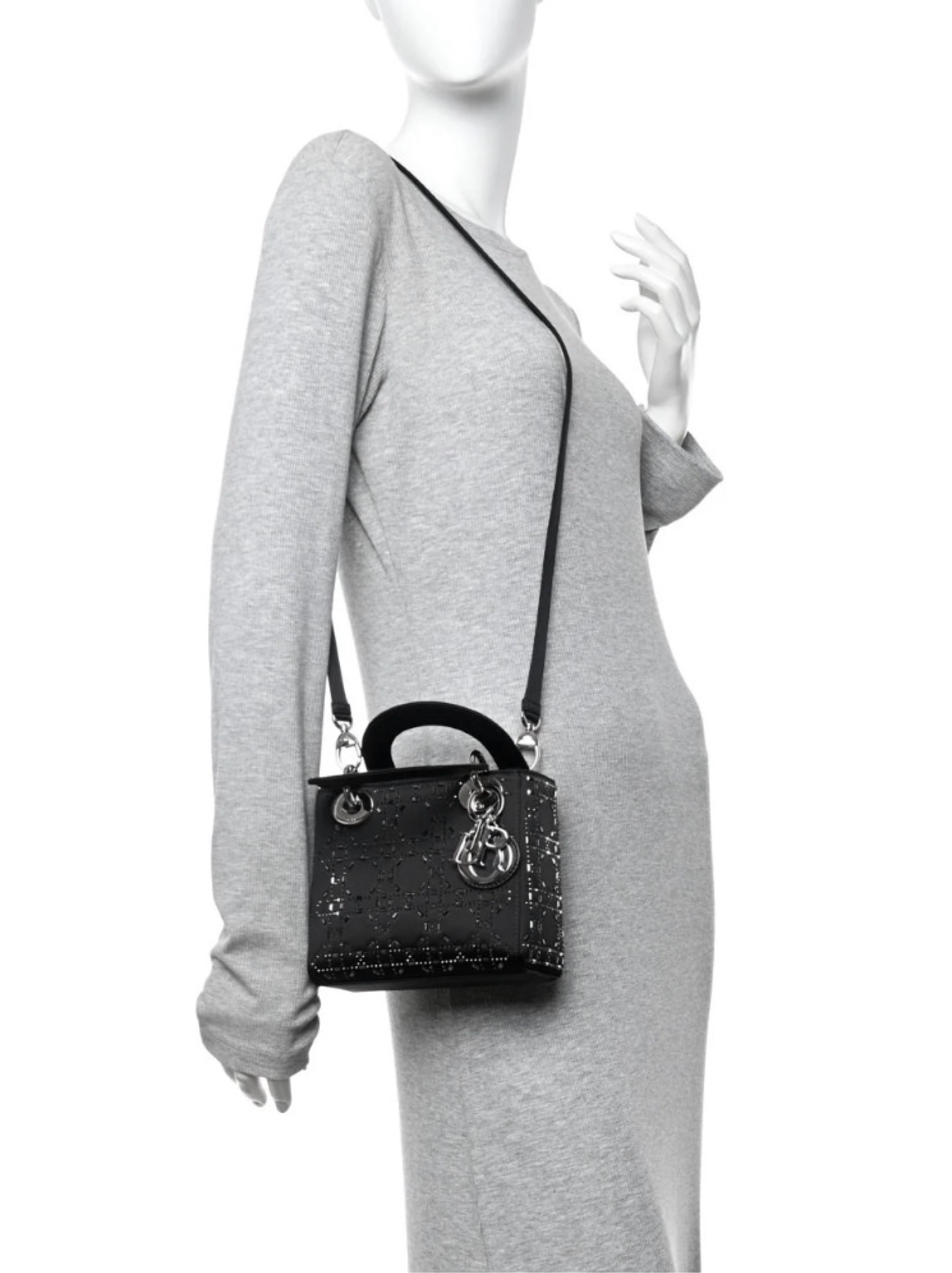 CHRISTIAN DIOR Satin Crystal Cannage Mini Lady Dior Black by