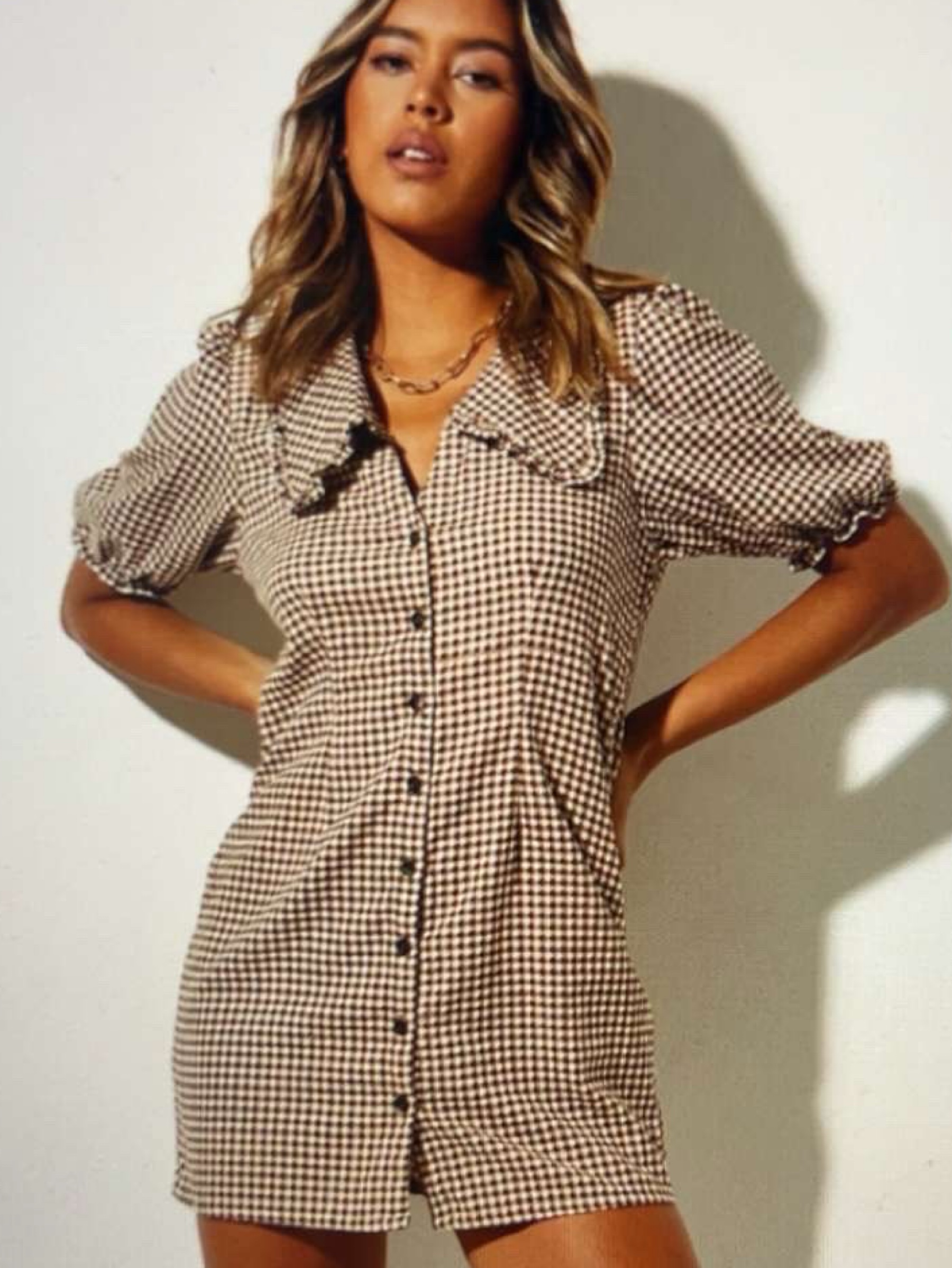 Princess Polly Laurita Shirred Mini Dress Brown Check by Princess Polly