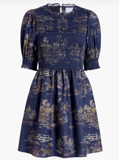 Hill House Vivian Nap Dress Navy Equestrian Smocked Puff Sleeve