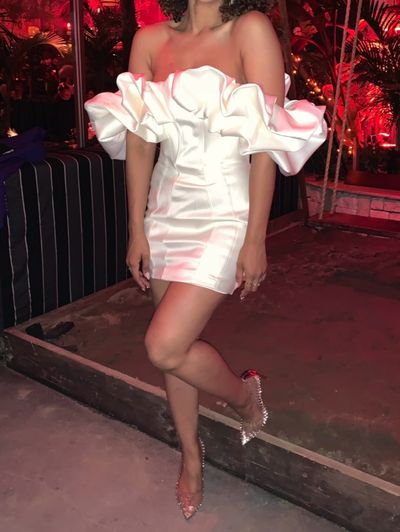 selena ivory satin ruffle strapless dress Clothing : Bodycon Dresses : 'Selena' Ivory Satin Ruffle Strapless Dress