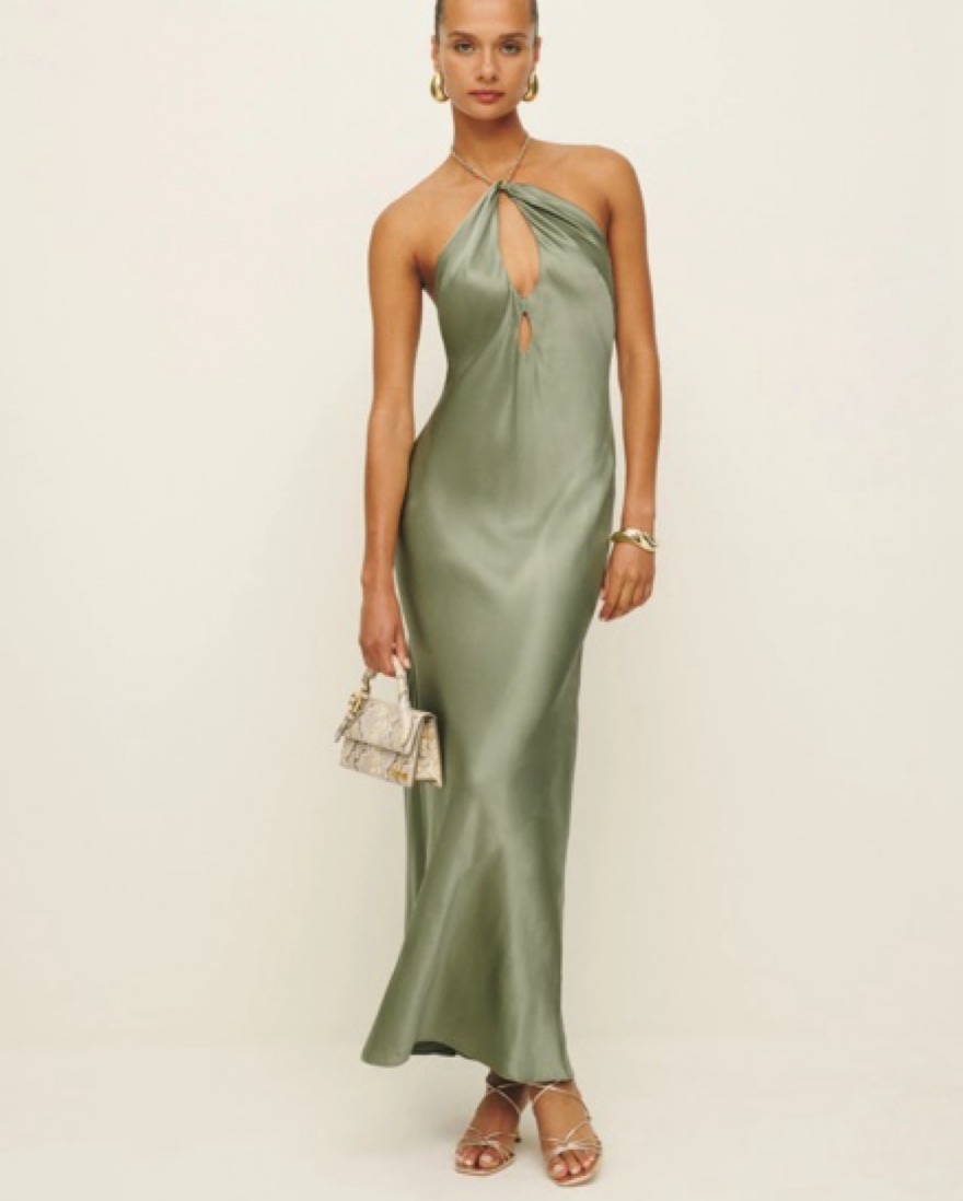 sachin and babi light blue dress Reformation Yesenia Sage Green Silk Halter Dress by Reformation