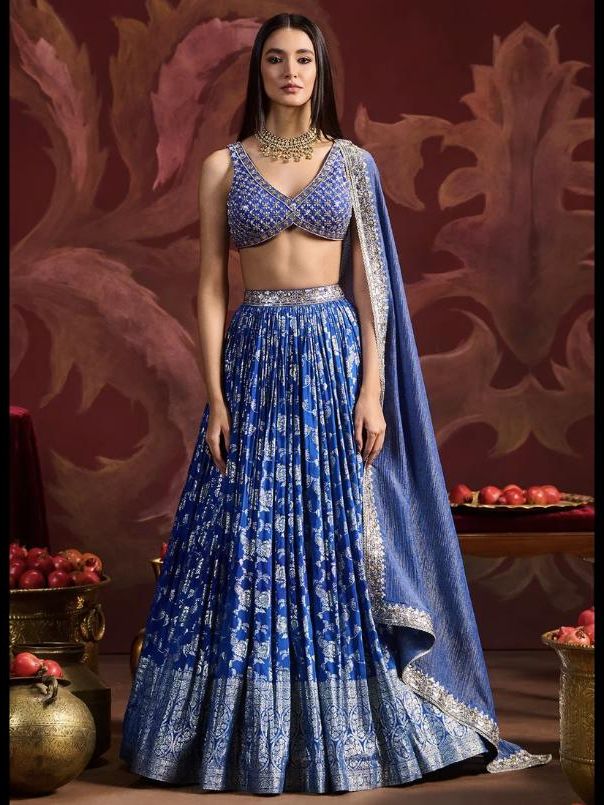 Blue Embroidered Brocade Lehenga - Size S