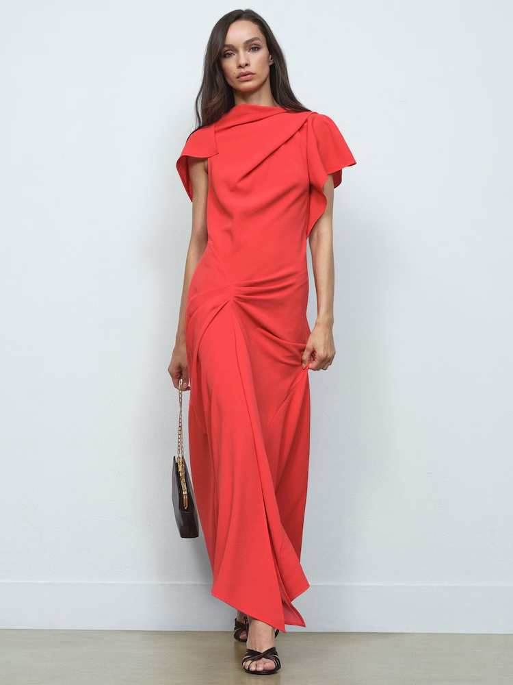 Reiss Asymmetric Draped Midi Dress Orange Ruched Solid by Reiss - Pickle Reiss Asymmetric Draped Midi Dress Orange Ruched Solid by Reiss - Pickle