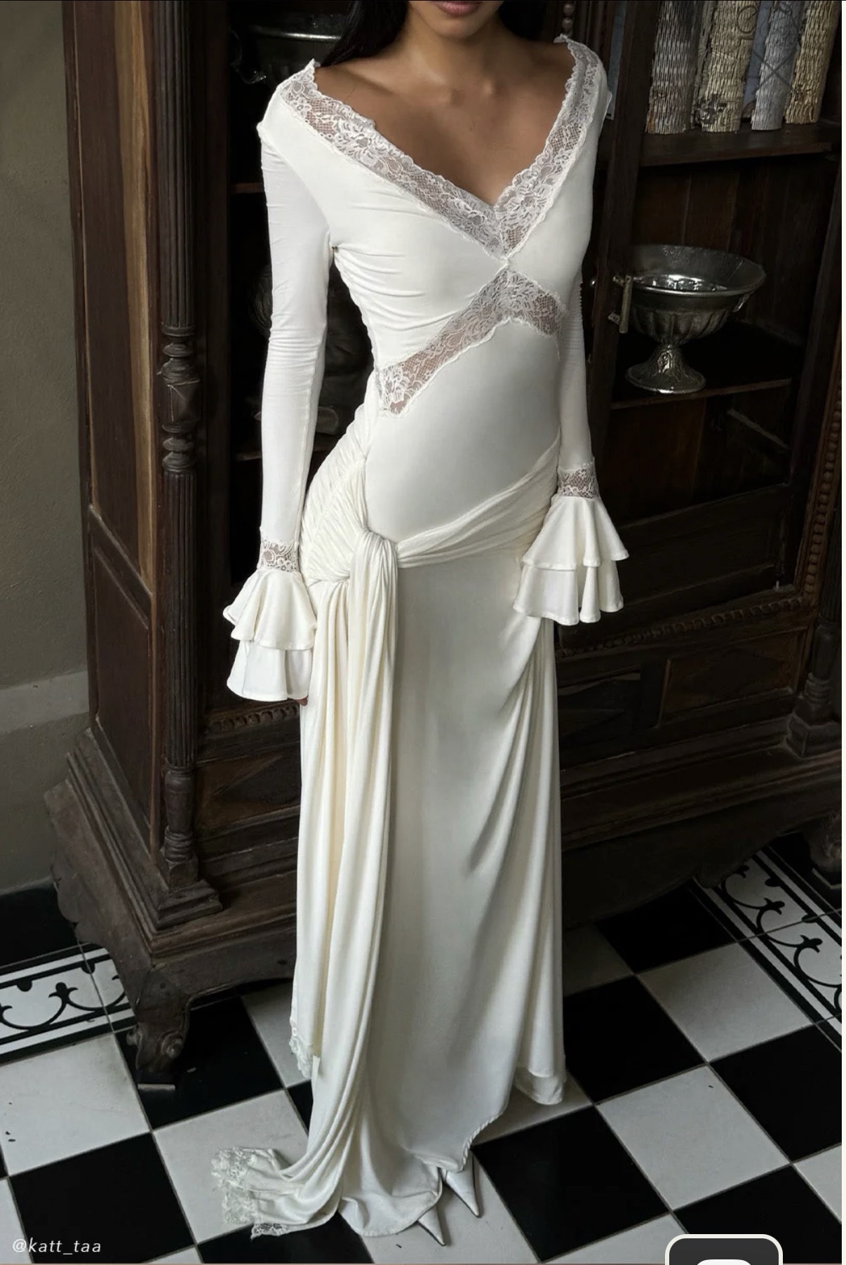MESHKI slinky lace maxi dress in ivory