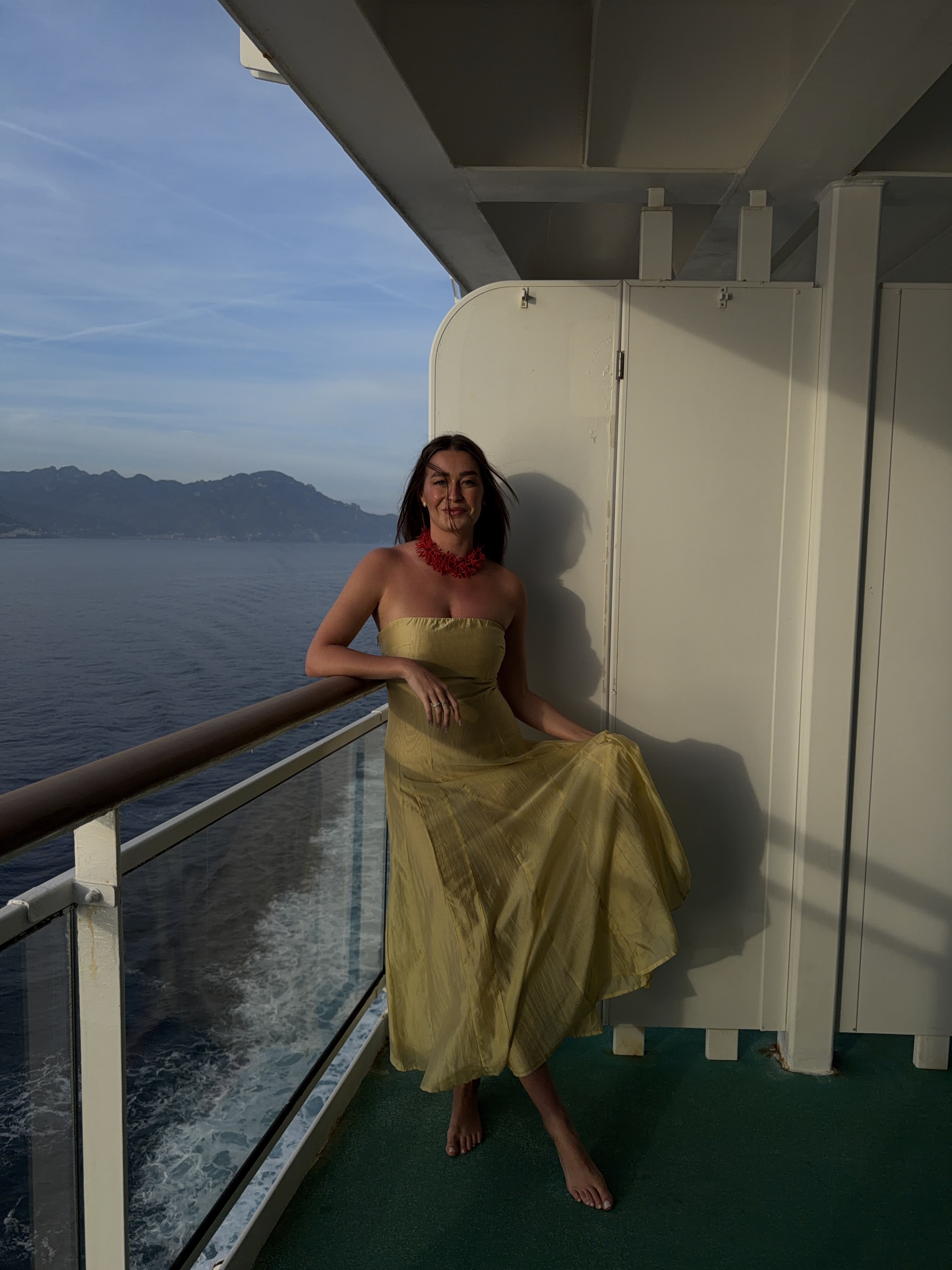 Chartreuse strapless dress + necklace