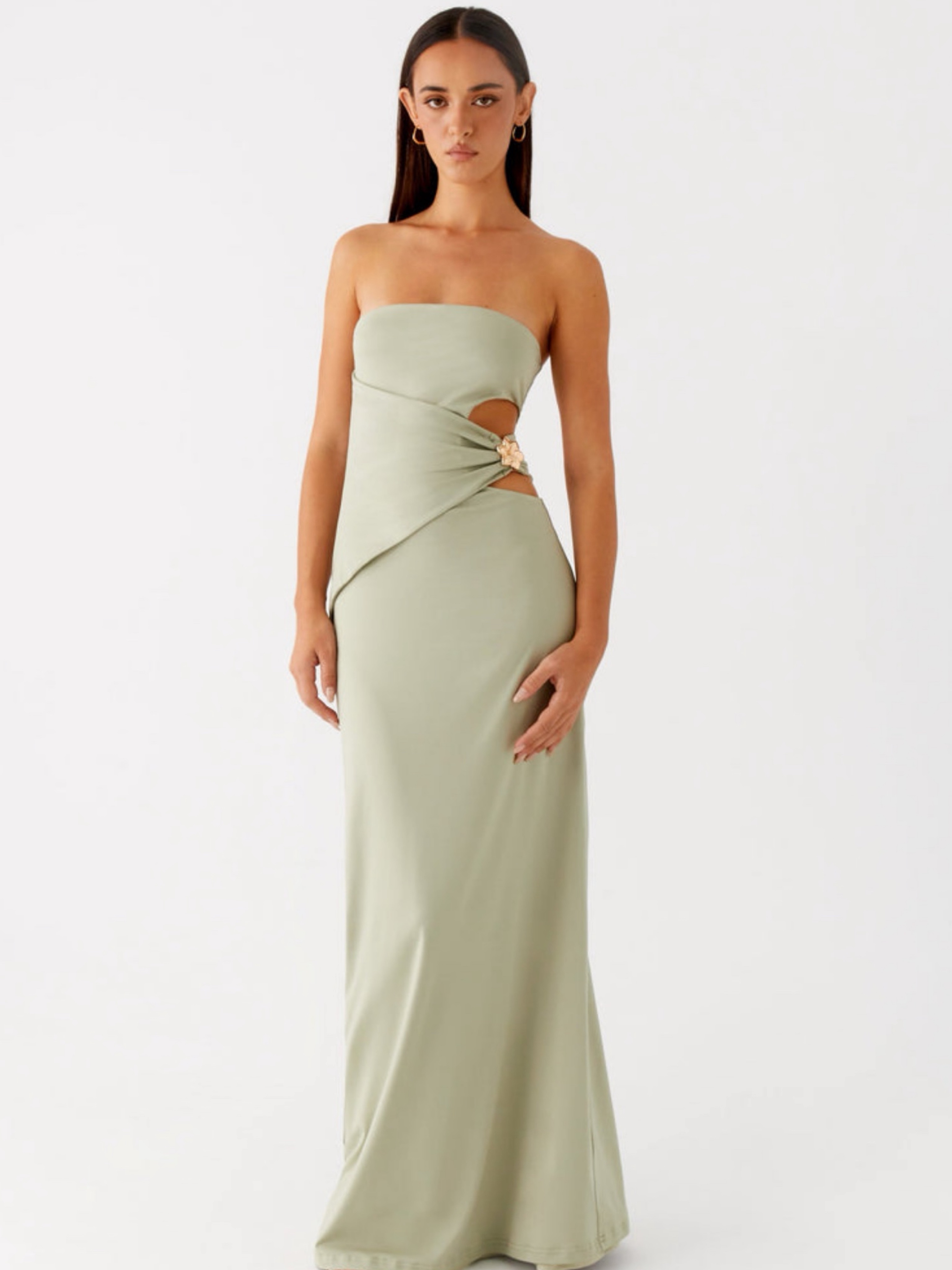 sage green strapless maxi dress Jasmine Strapless Satin Maxi Dress / Sage | MESHKI