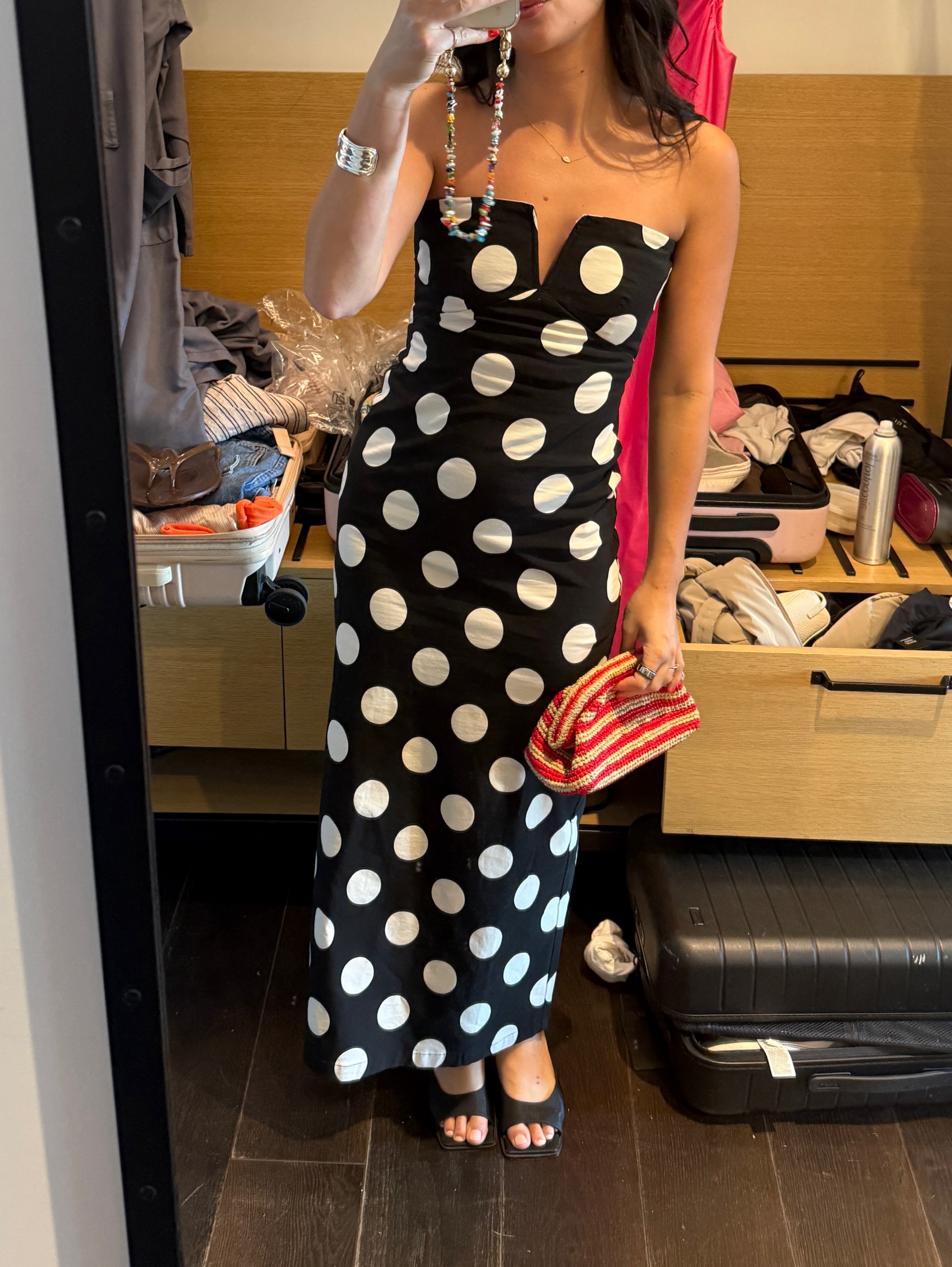 Black White Polka Dot Strapless Midi Dress by By Anthropologie