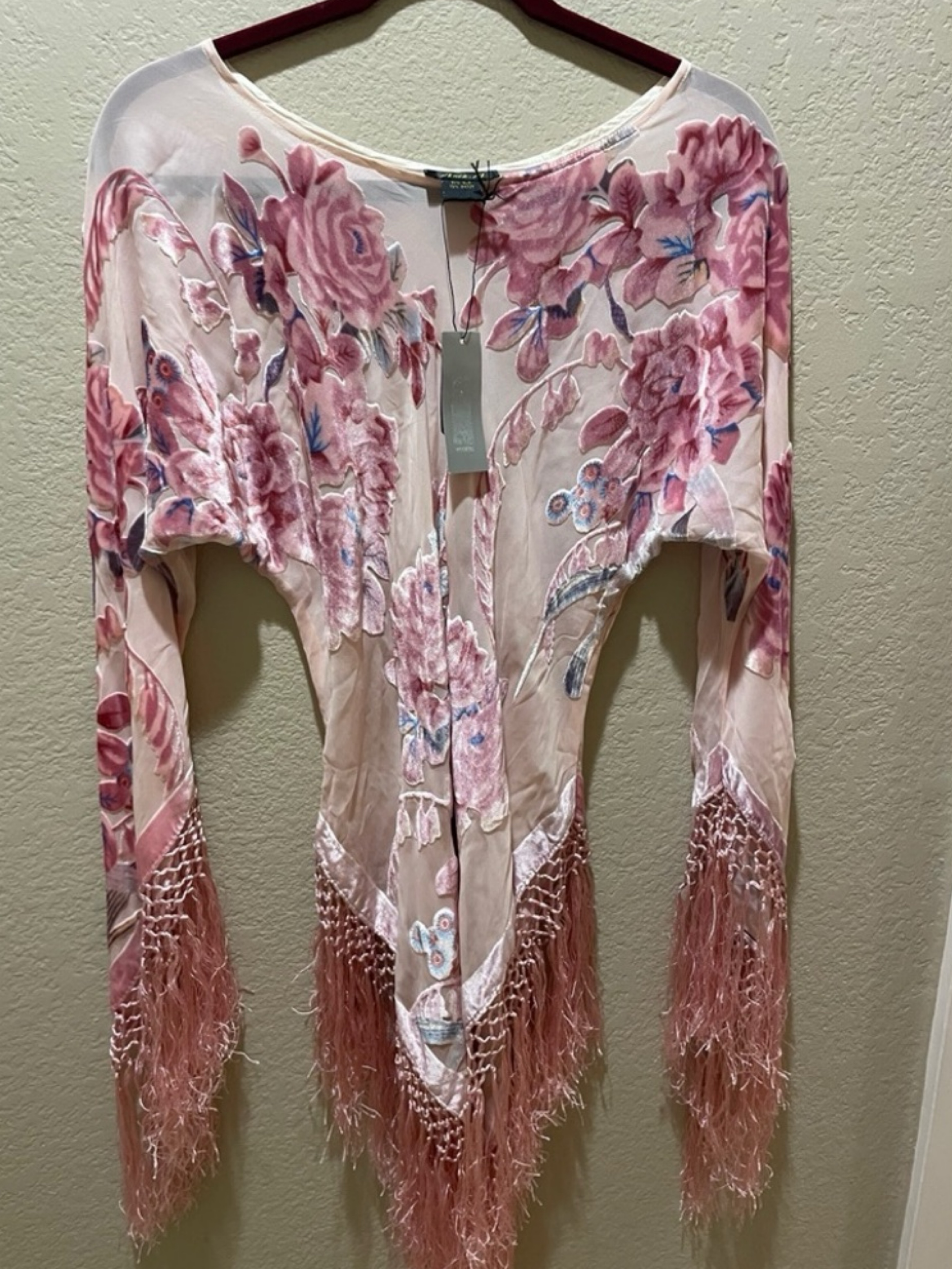 Pink Velvet Burnout Fringe Top