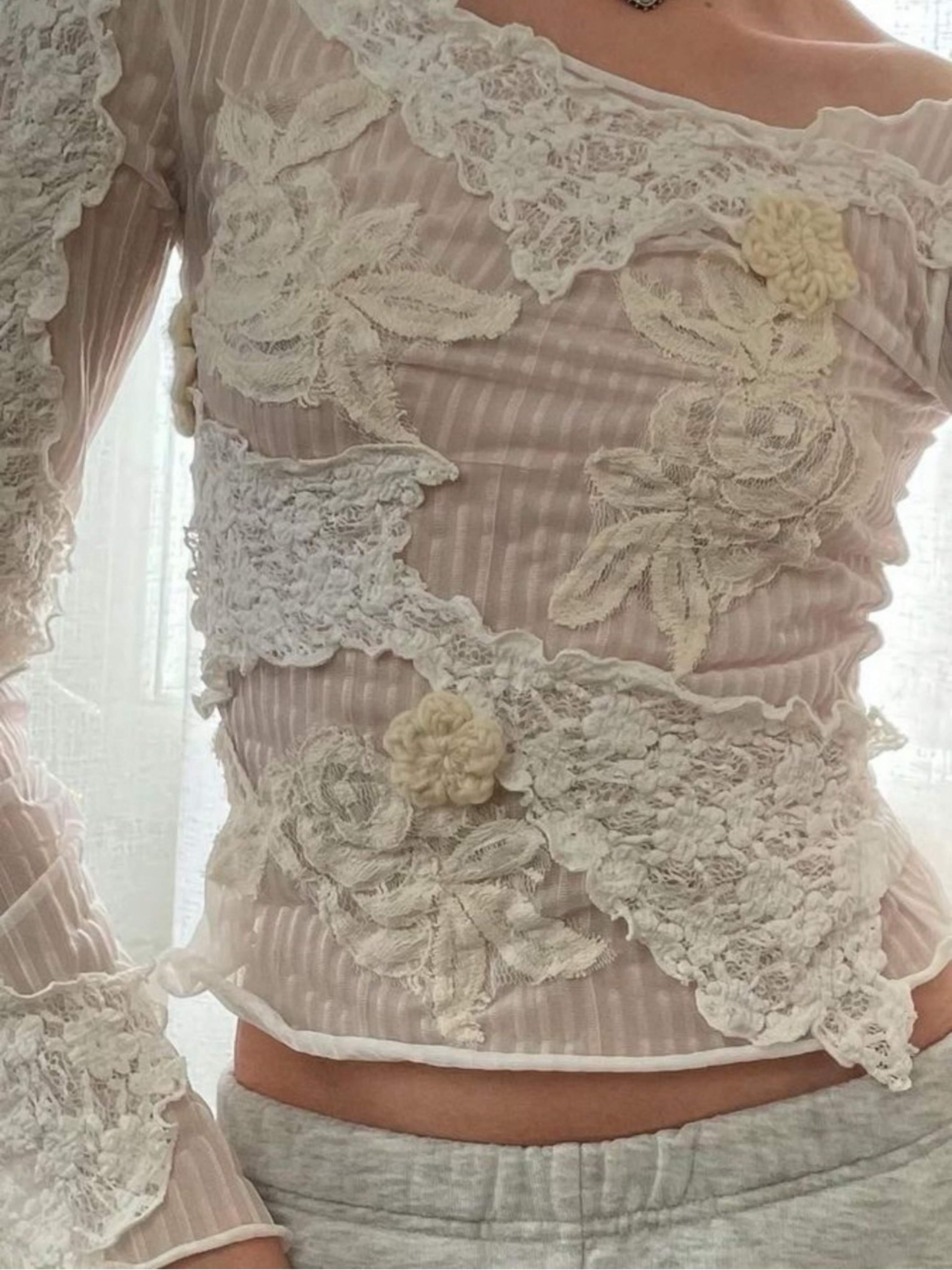 Vintage Floral & Lace Appliqué Top