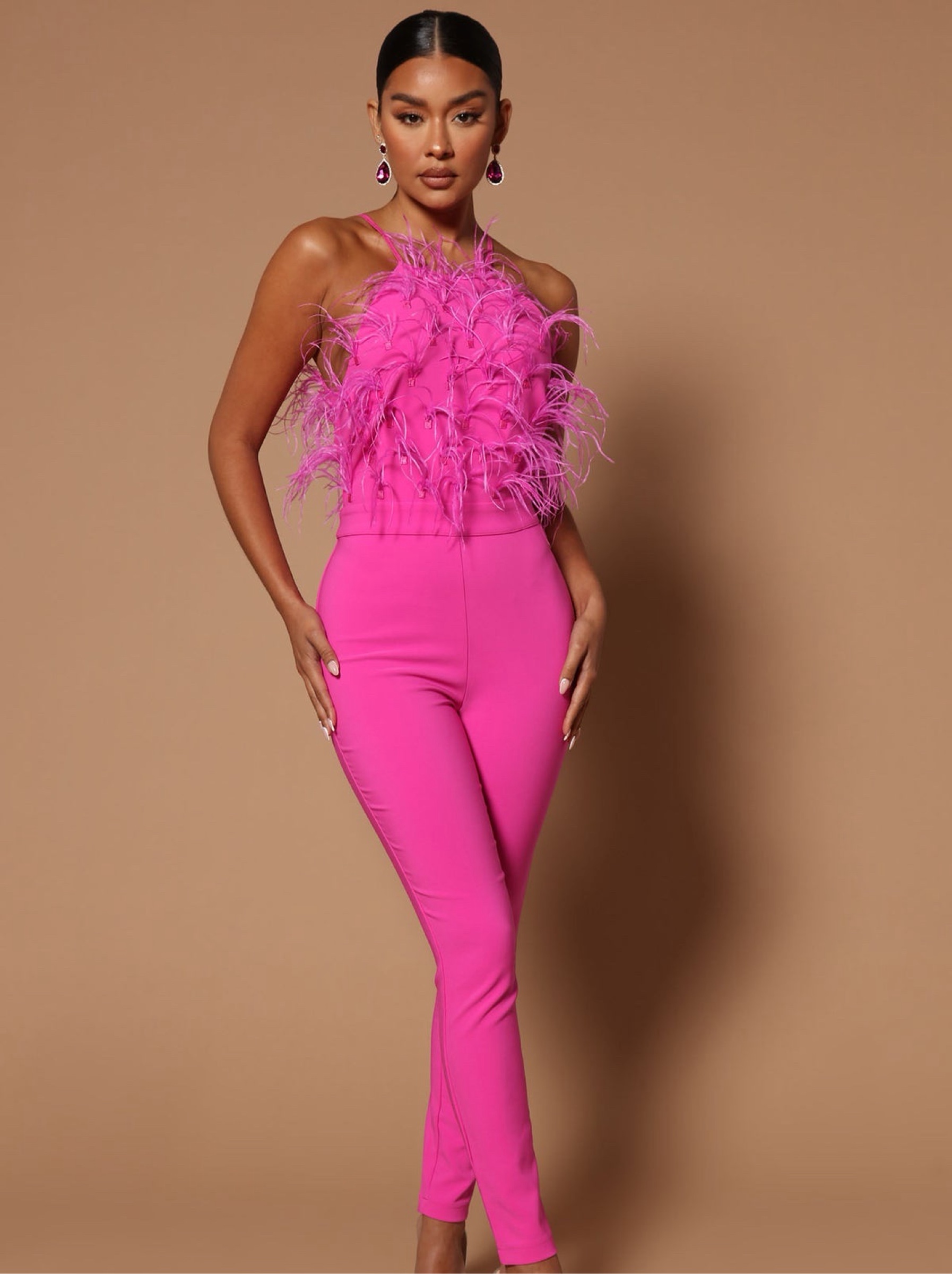 Hot Pink Feather Jumpsuit by Fashion Nova | Pickle