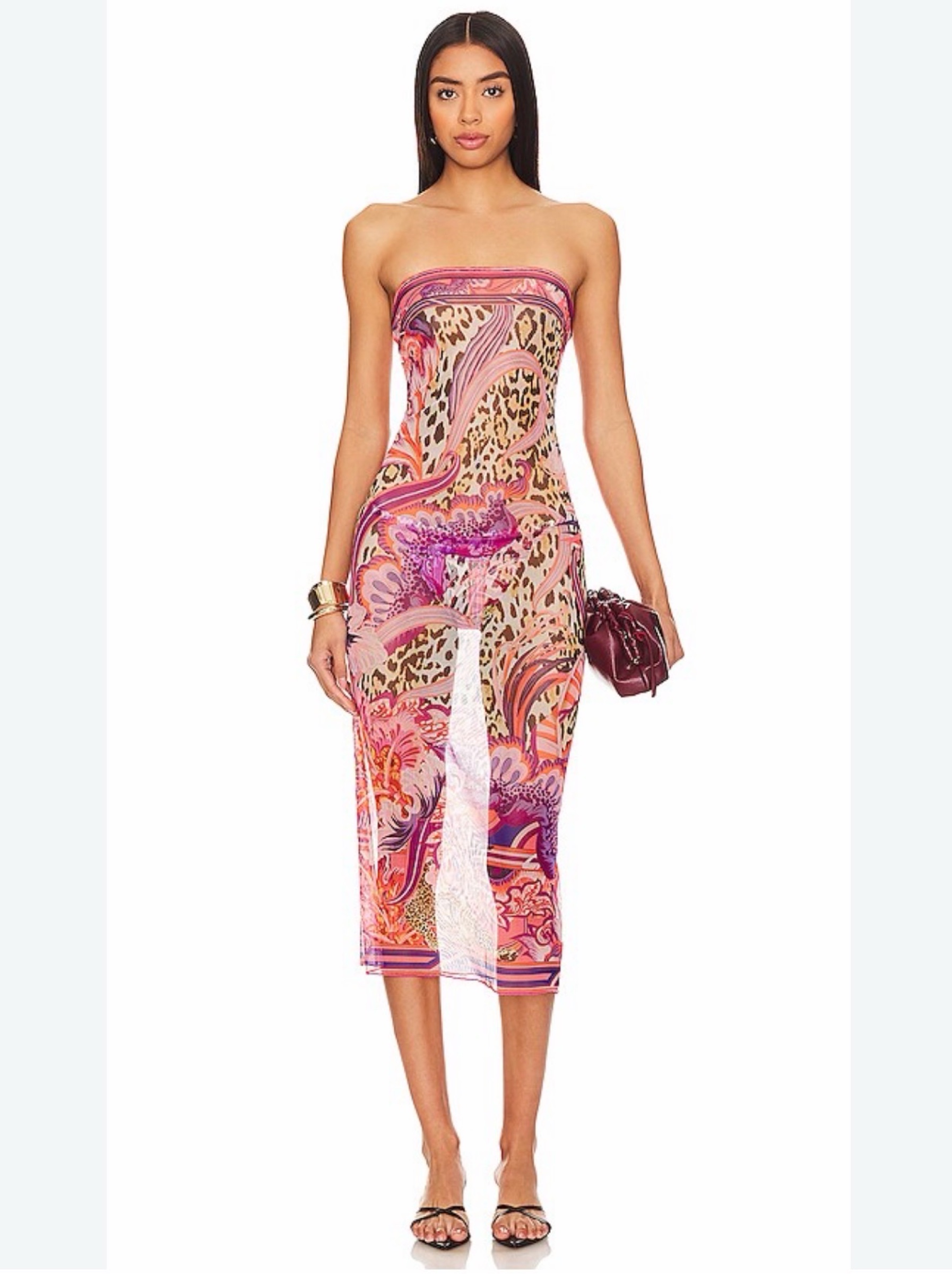 Pink Leopard Print Strapless Midi Sheer Dress by Revolve